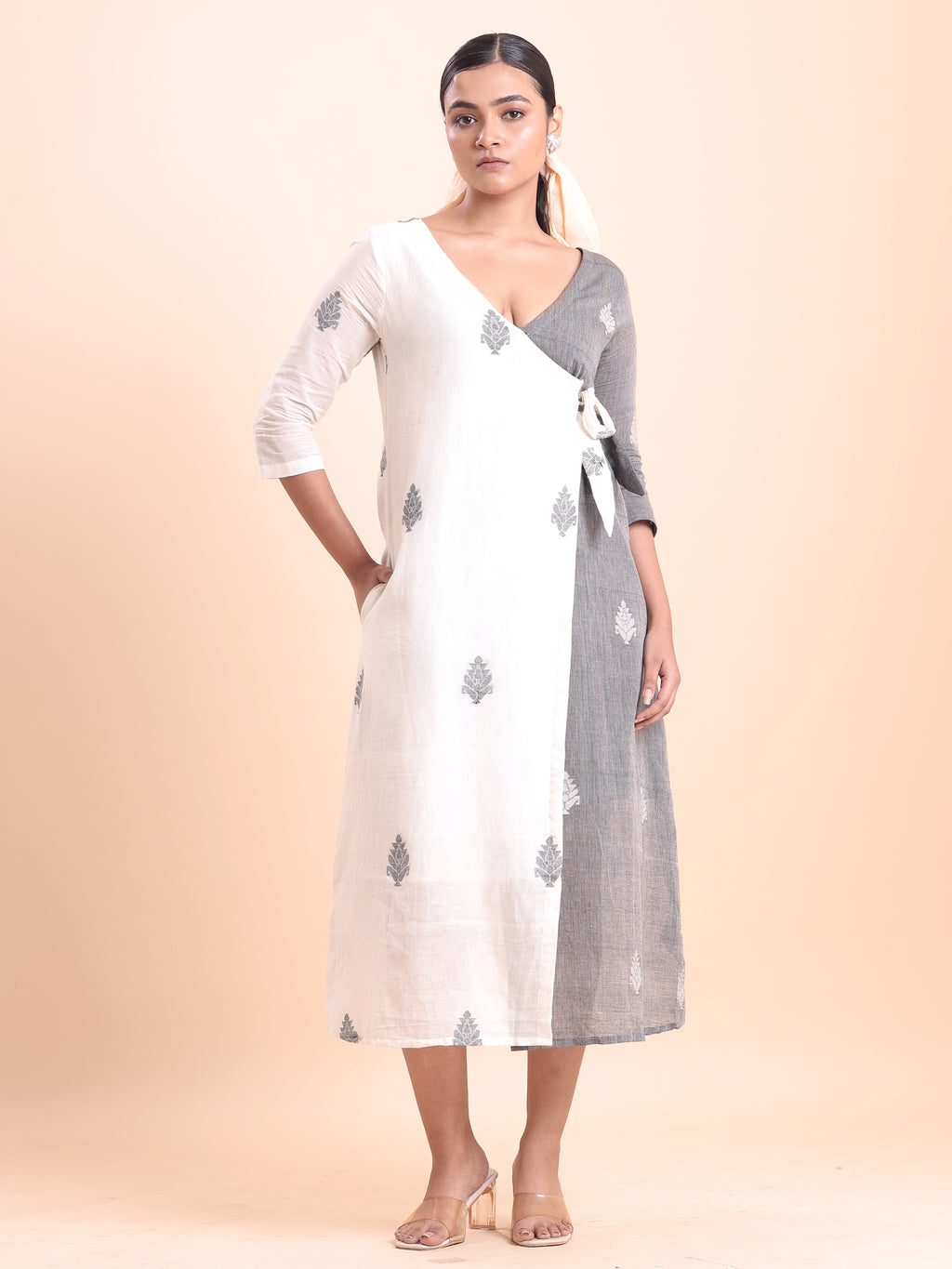 Cotton Jamdani Wrap dress- White & Grey