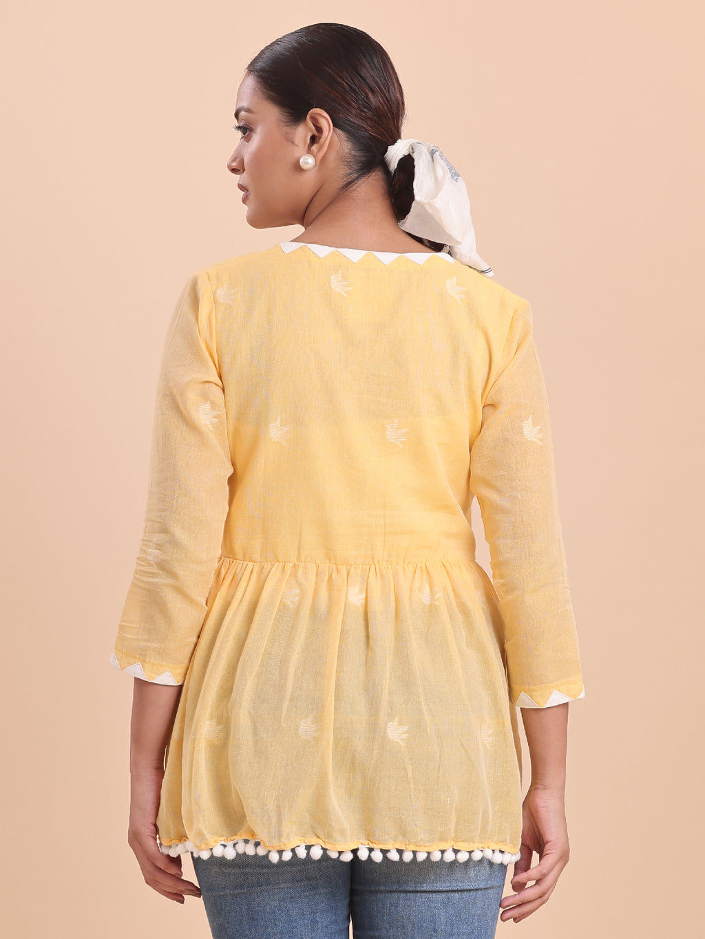 BLOUSON WOMEN COTTON JAMDANI Pom-Pom Peplum SHRUG- Sunshine