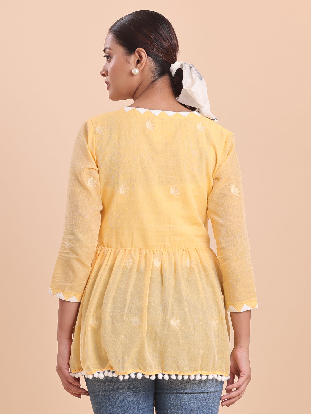 BLOUSON WOMEN COTTON JAMDANI Pom-Pom Peplum SHRUG- Sunshine