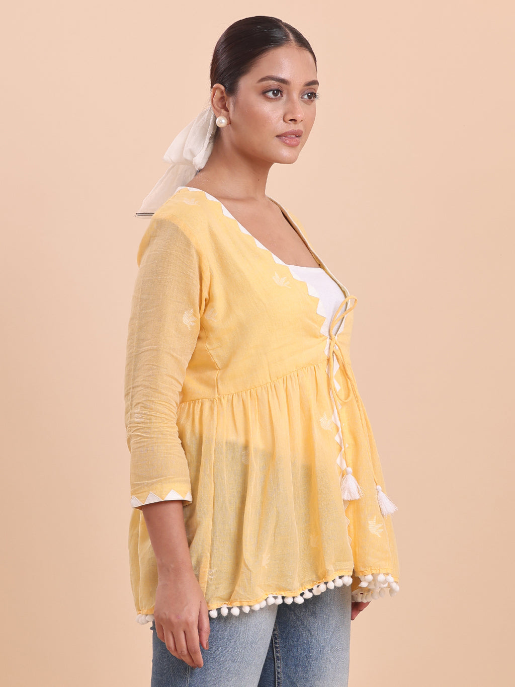BLOUSON WOMEN COTTON JAMDANI Pom-Pom Peplum SHRUG- Sunshine