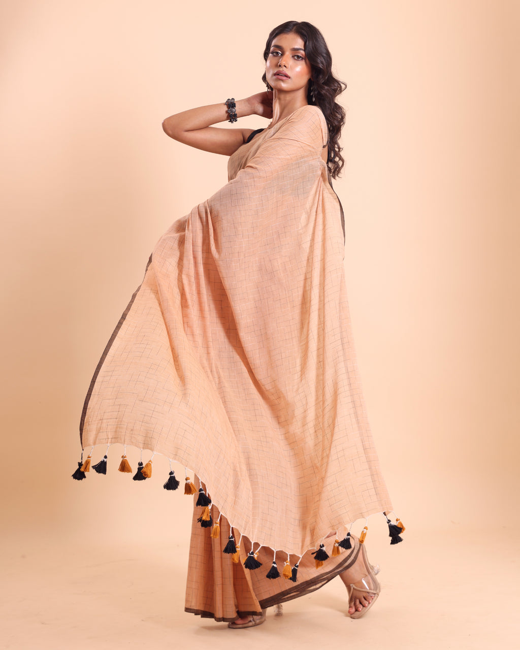 Handloom Malmal Cotton Tie-Dye Saree - Apricot