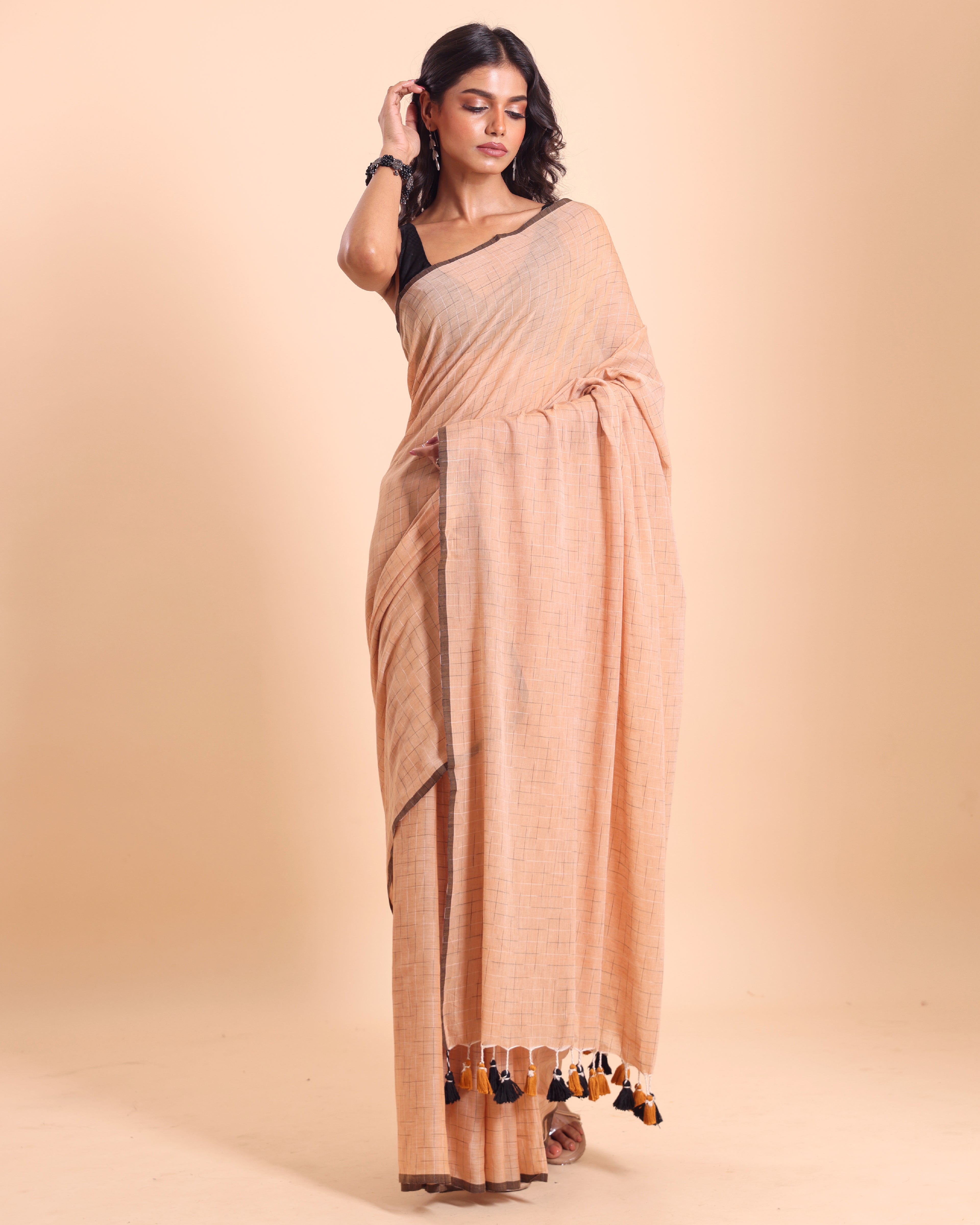 Handloom Malmal Cotton Tie-Dye Saree - Apricot