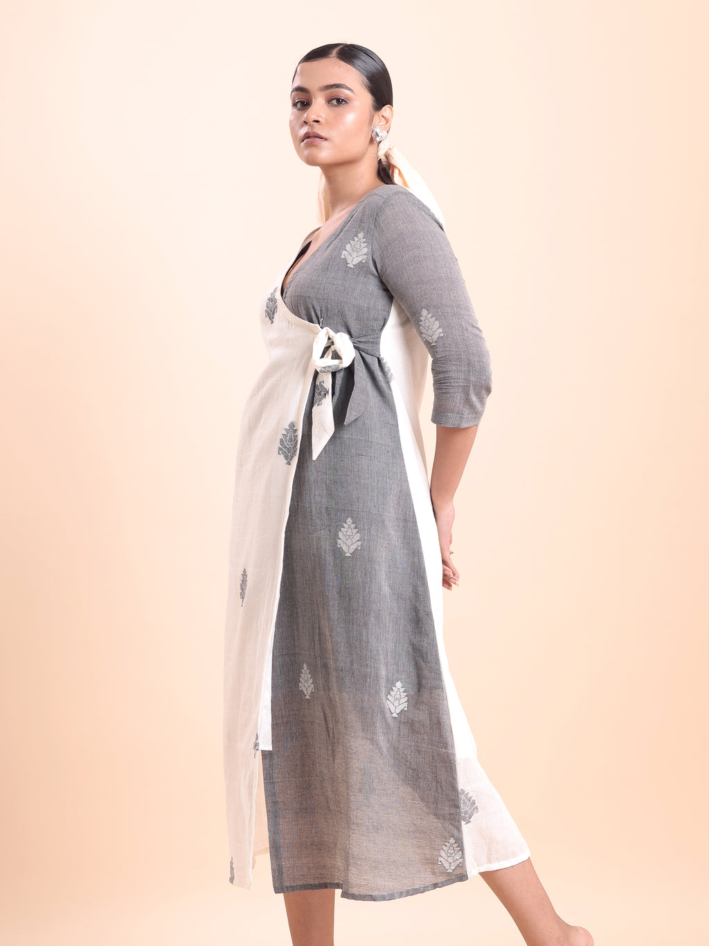 Cotton Jamdani Wrap dress- White & Grey