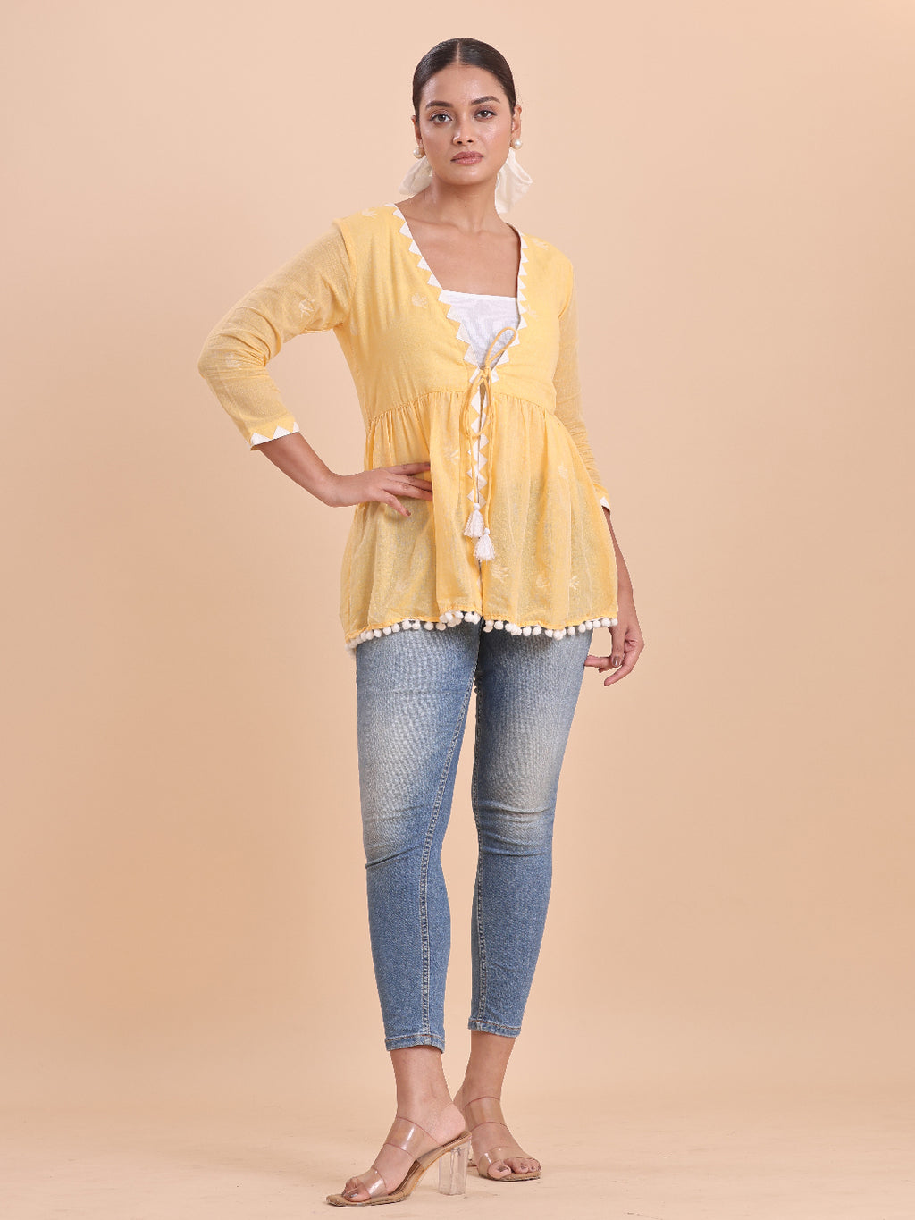 BLOUSON WOMEN COTTON JAMDANI Pom-Pom Peplum SHRUG- Sunshine