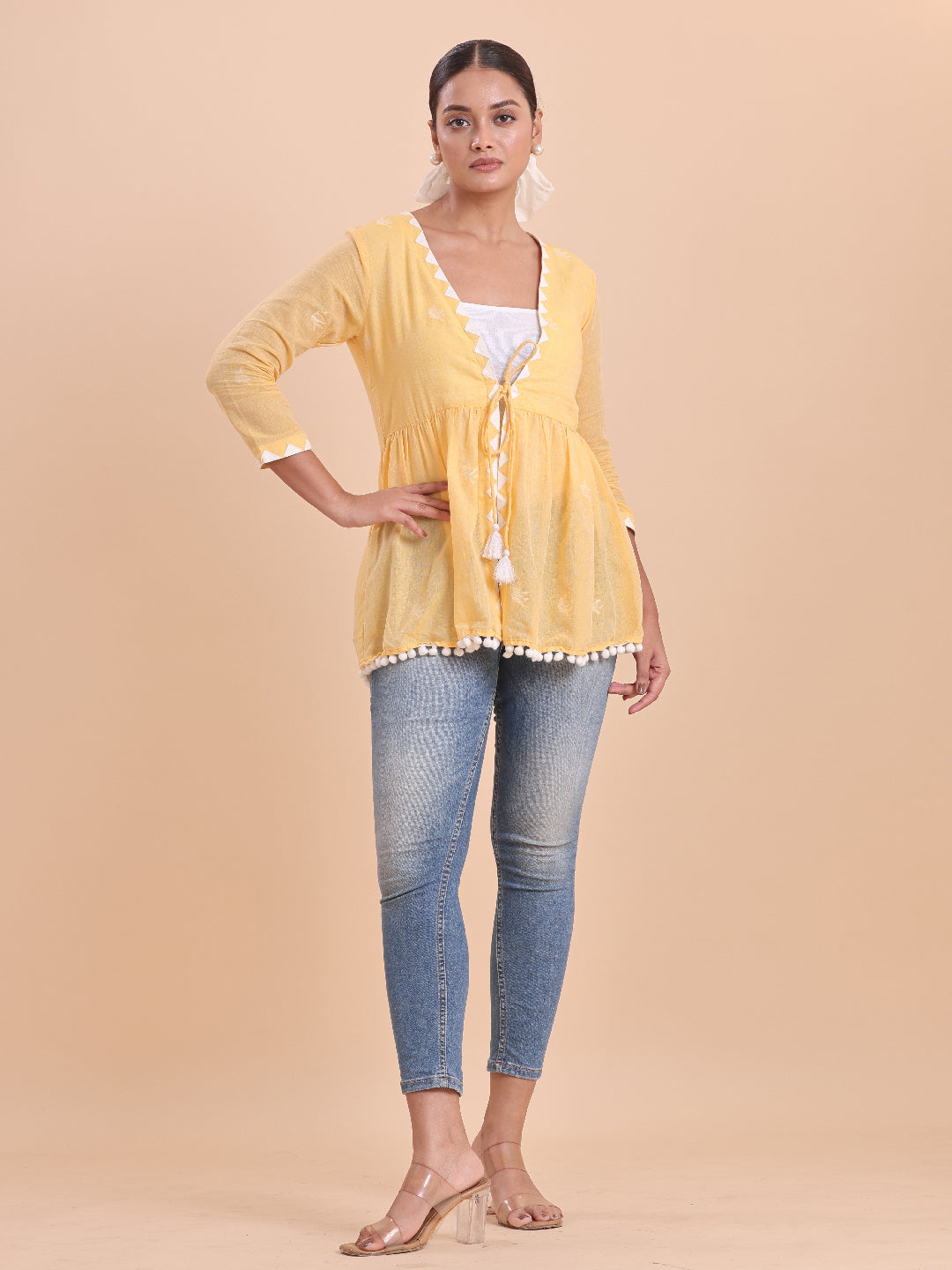 BLOUSON WOMEN COTTON JAMDANI Pom-Pom Peplum SHRUG- Sunshine