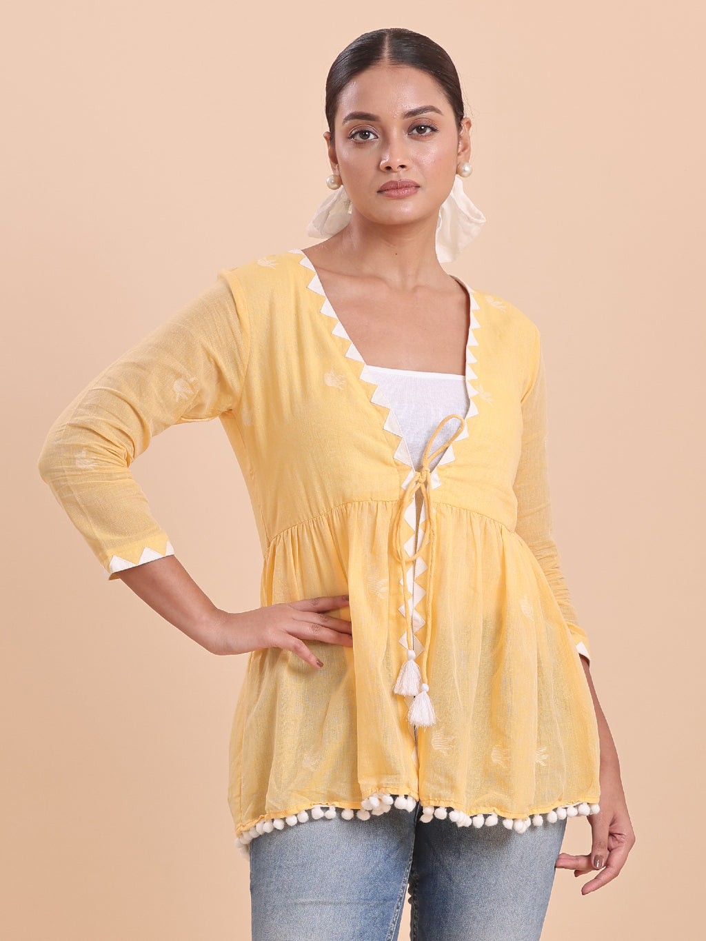 BLOUSON WOMEN COTTON JAMDANI Pom-Pom Peplum SHRUG- Sunshine