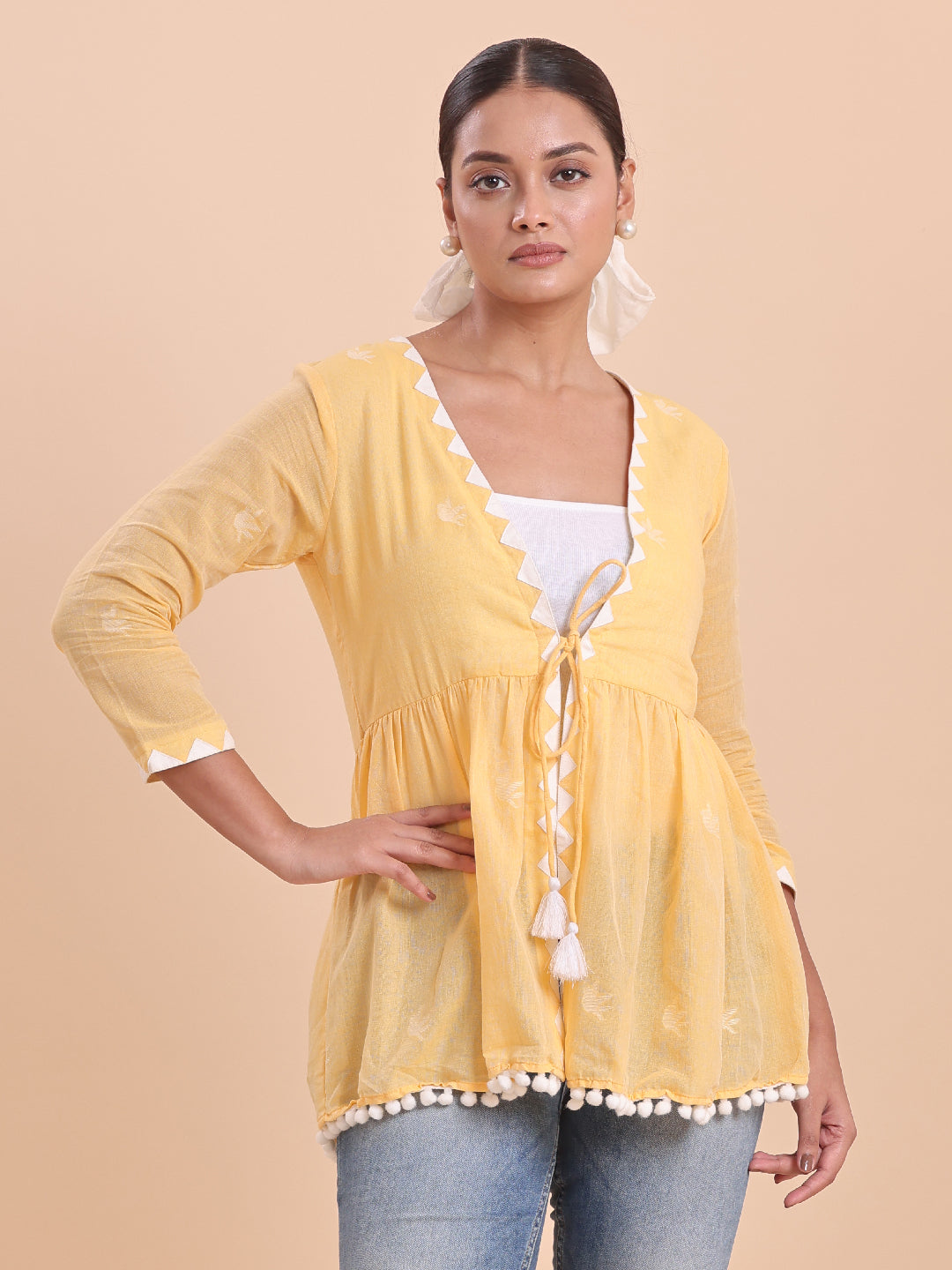 BLOUSON WOMEN COTTON JAMDANI Pom-Pom Peplum SHRUG- Sunshine