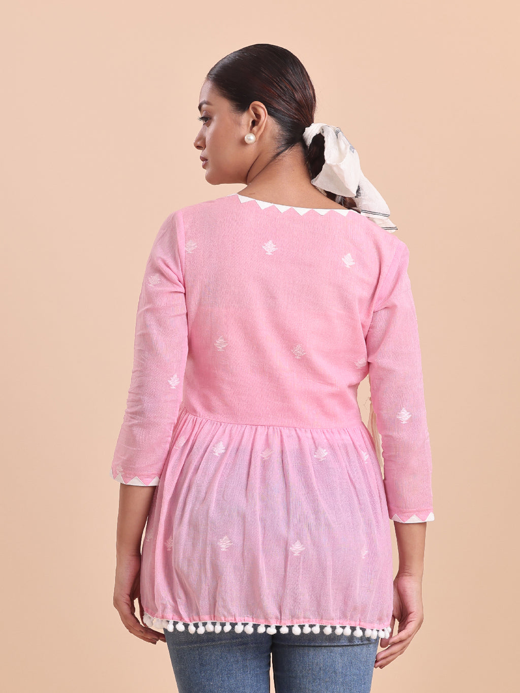 BLOUSON WOMEN COTTON JAMDANI Pom-Pom Peplum SHRUG- Marsh Mellow