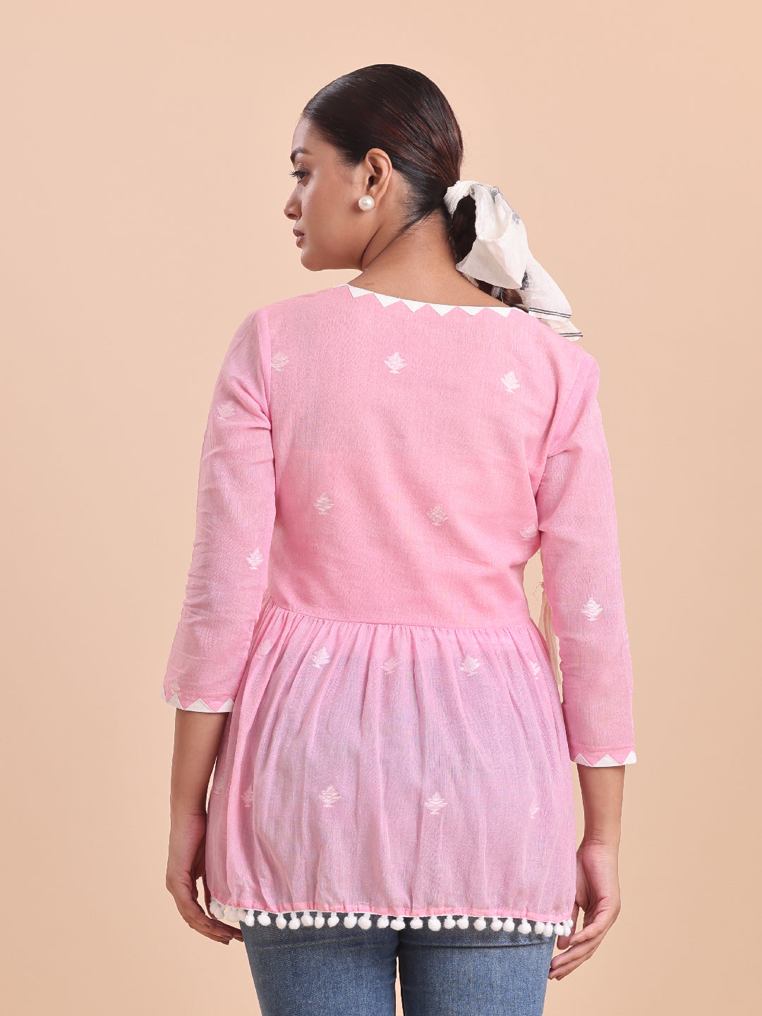 BLOUSON WOMEN COTTON JAMDANI Pom-Pom Peplum SHRUG- Marsh Mellow