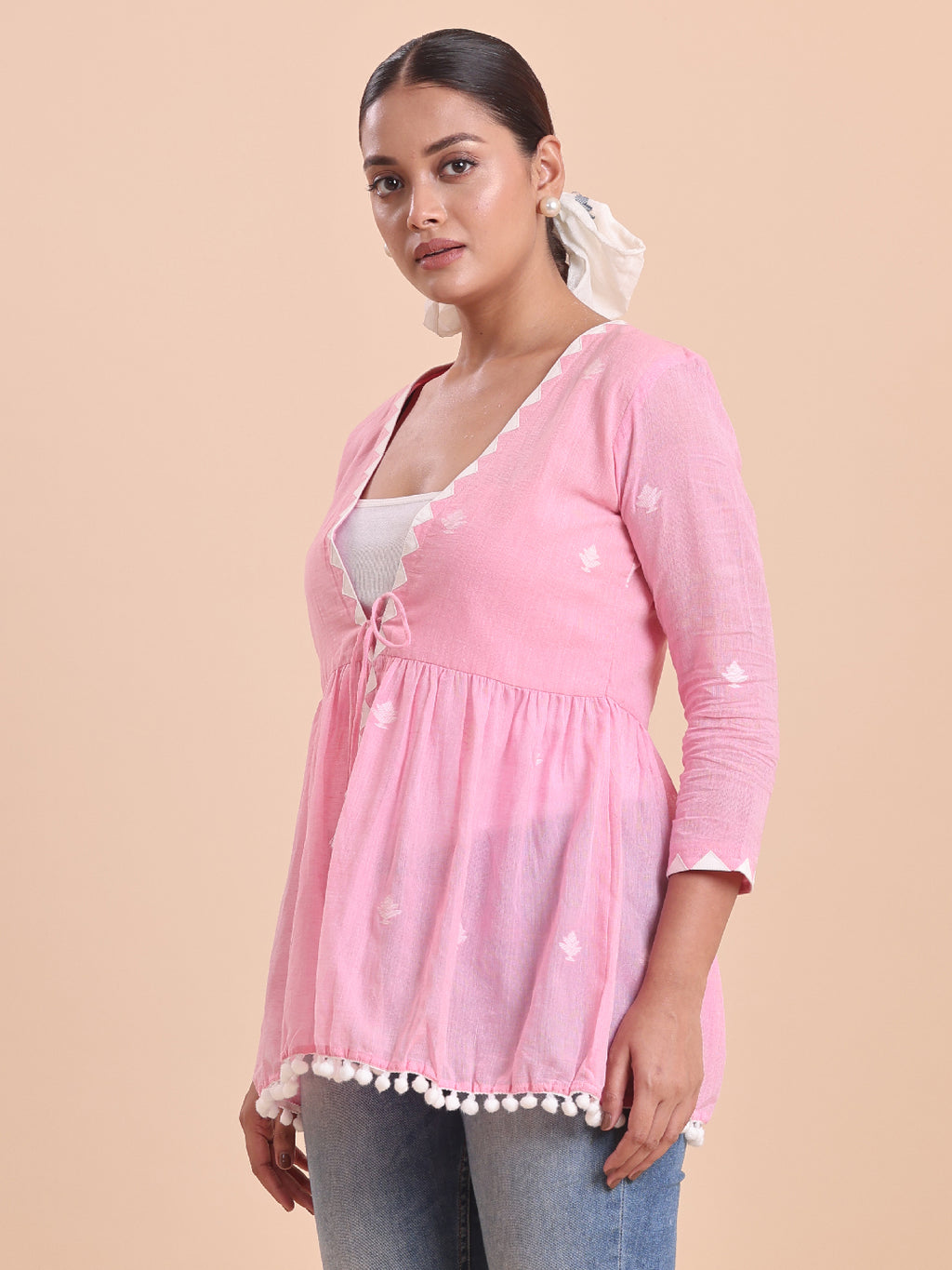 BLOUSON WOMEN COTTON JAMDANI Pom-Pom Peplum SHRUG- Marsh Mellow