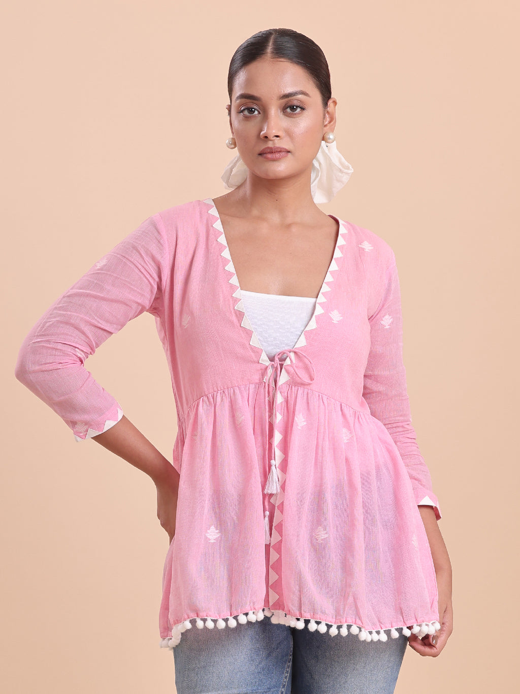 BLOUSON WOMEN COTTON JAMDANI Pom-Pom Peplum SHRUG- Marsh Mellow