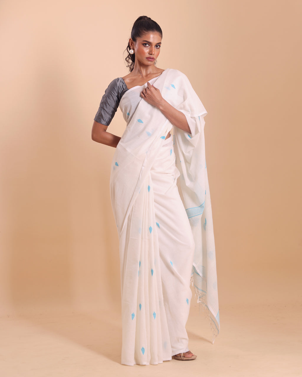 Handloom Cotton Kota Jamdani Saree - White