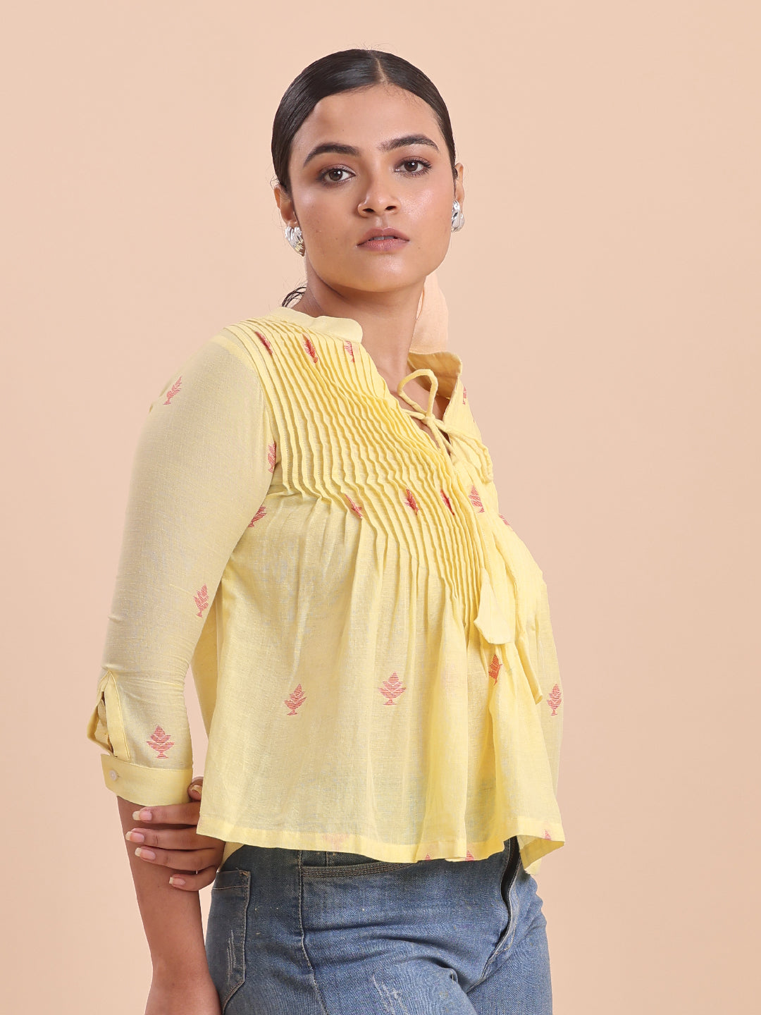 Blouson Women Cotton Jamdani Fit & Flare Top Lemon Chello