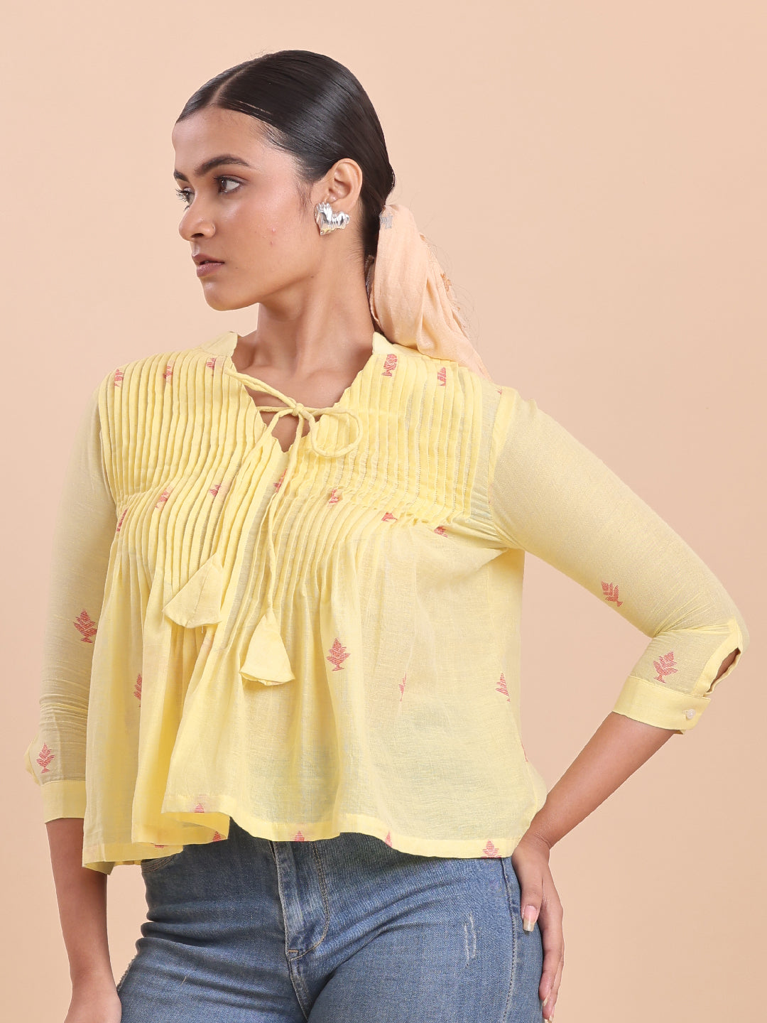 Blouson Women Cotton Jamdani Fit & Flare Top Lemon Chello