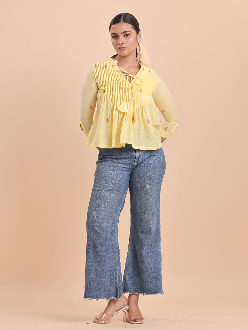 Blouson Women Cotton Jamdani Fit & Flare Top Lemon Chello