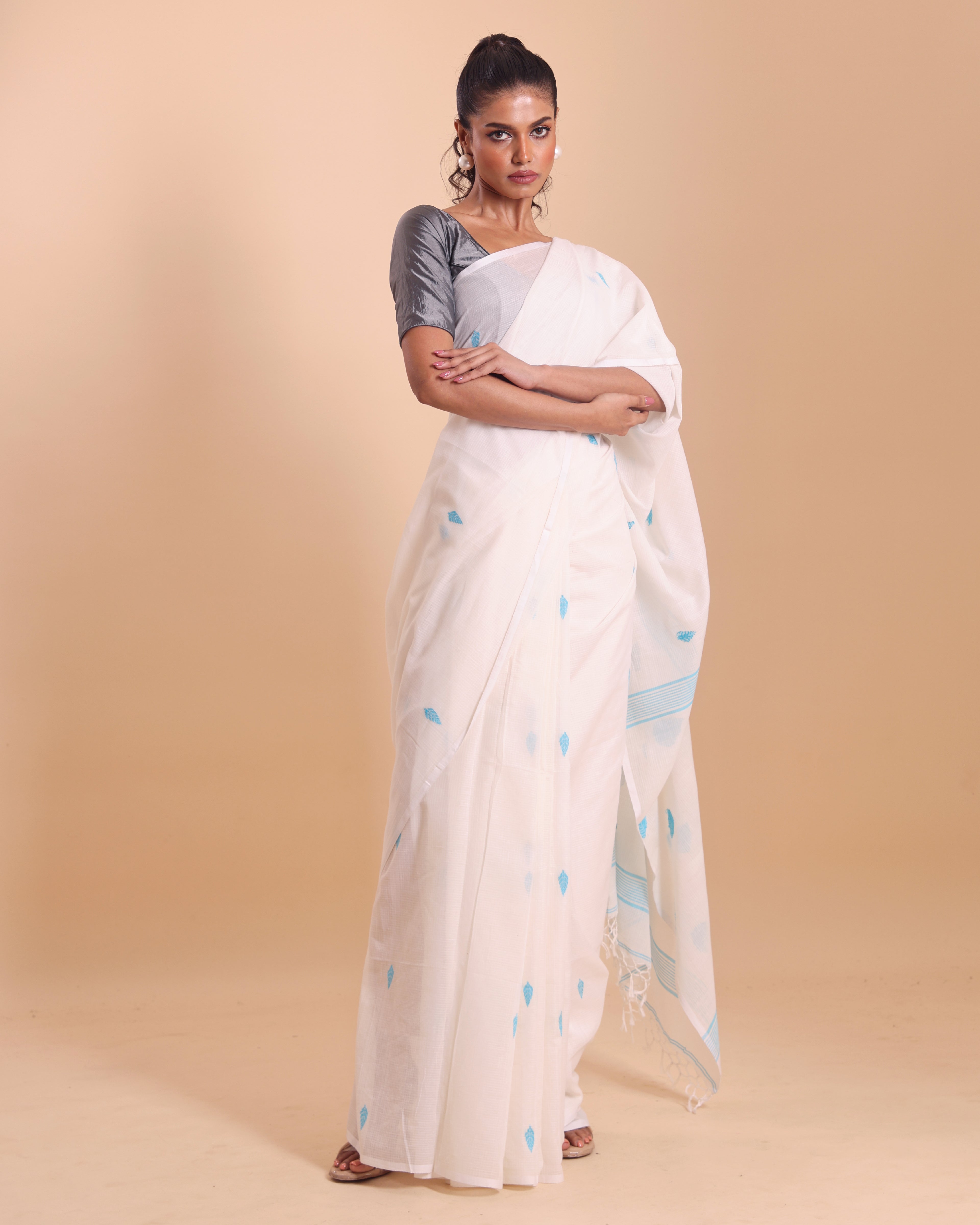 Handloom Cotton Kota Jamdani Saree - White