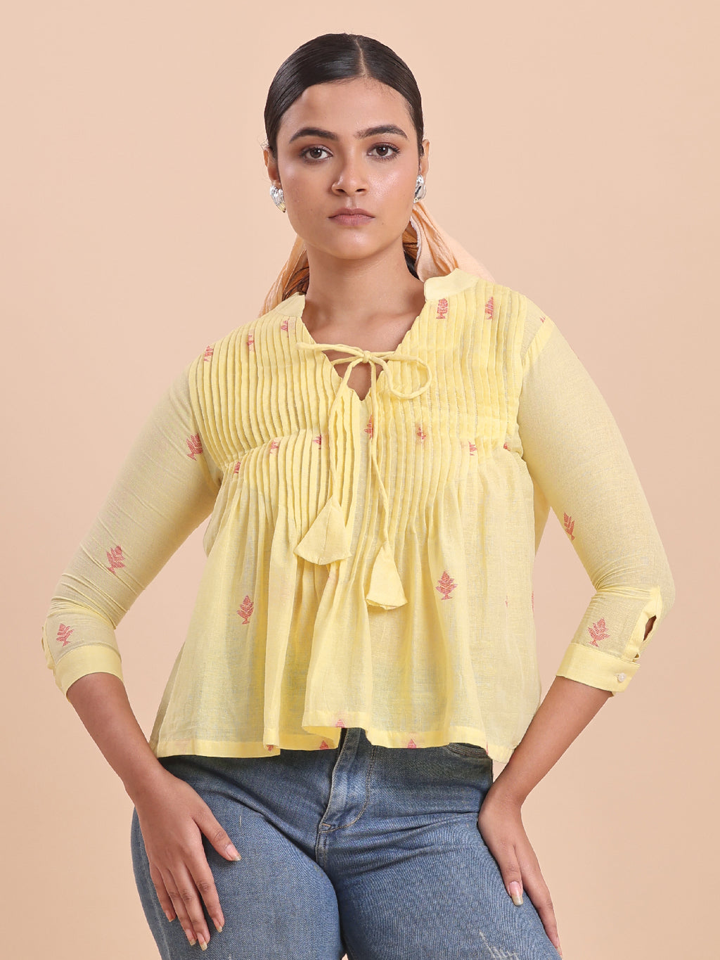 Blouson Women Cotton Jamdani Fit & Flare Top Lemon Chello