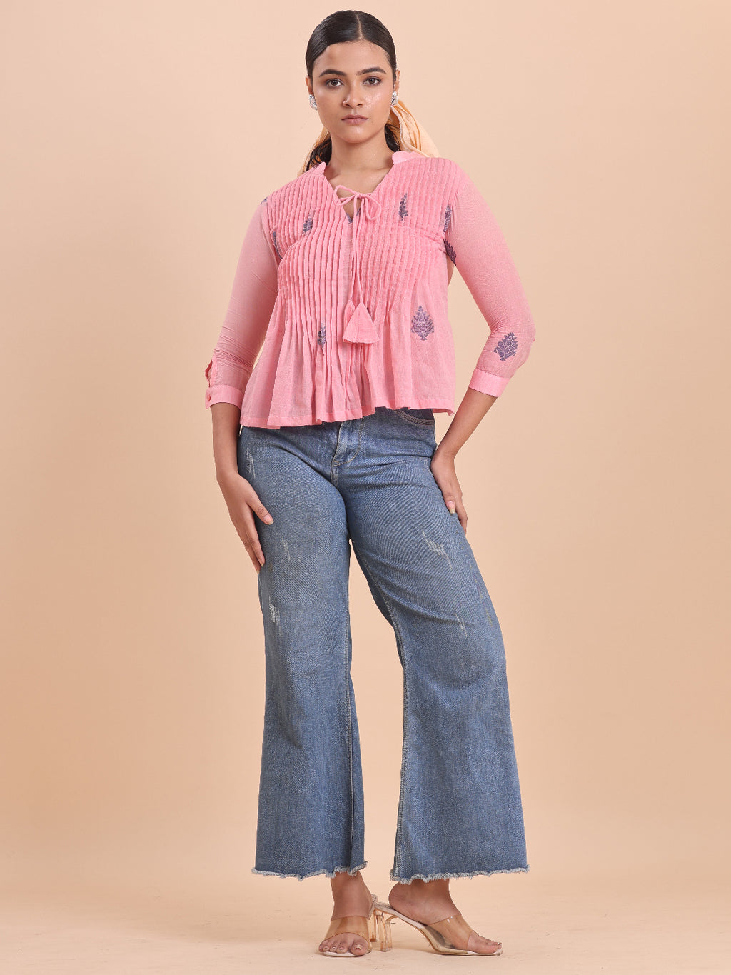 BLOUSON WOMEN COTTON JAMDANI FIT & FLARE TOP -MUSK MIST