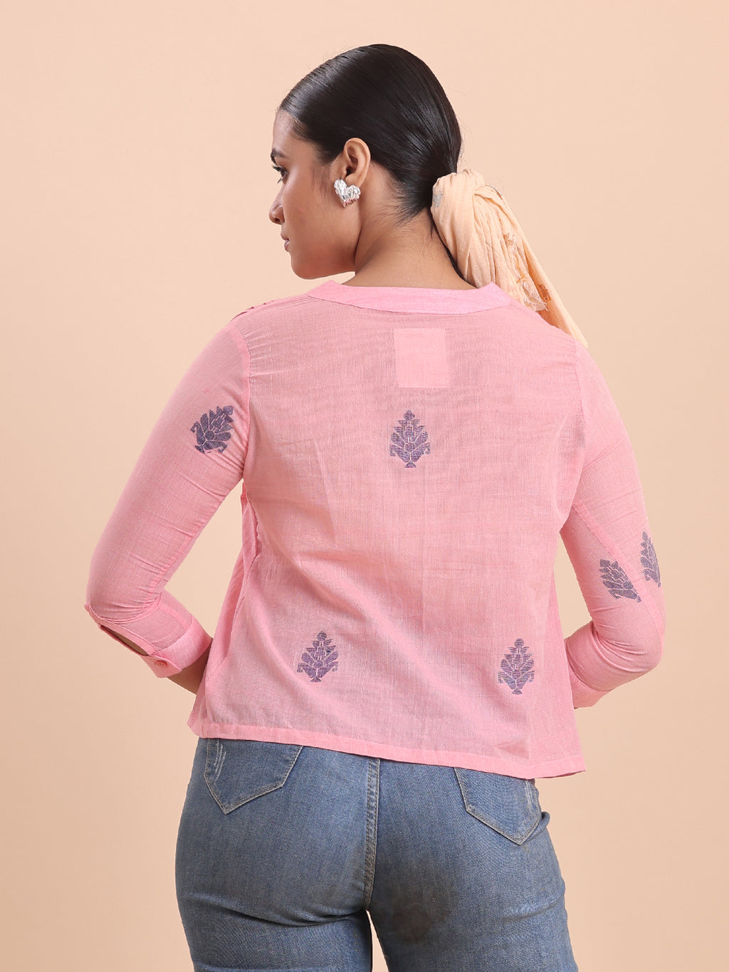 BLOUSON WOMEN COTTON JAMDANI FIT & FLARE TOP -MUSK MIST