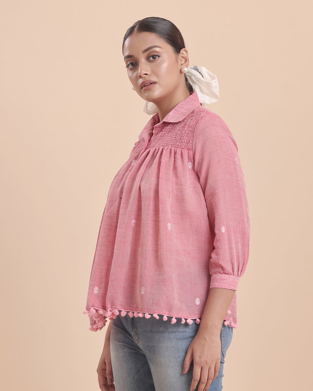 WOMEN COTTON JAMDANI SHIRRED SHIRT -STRAWBERRY
