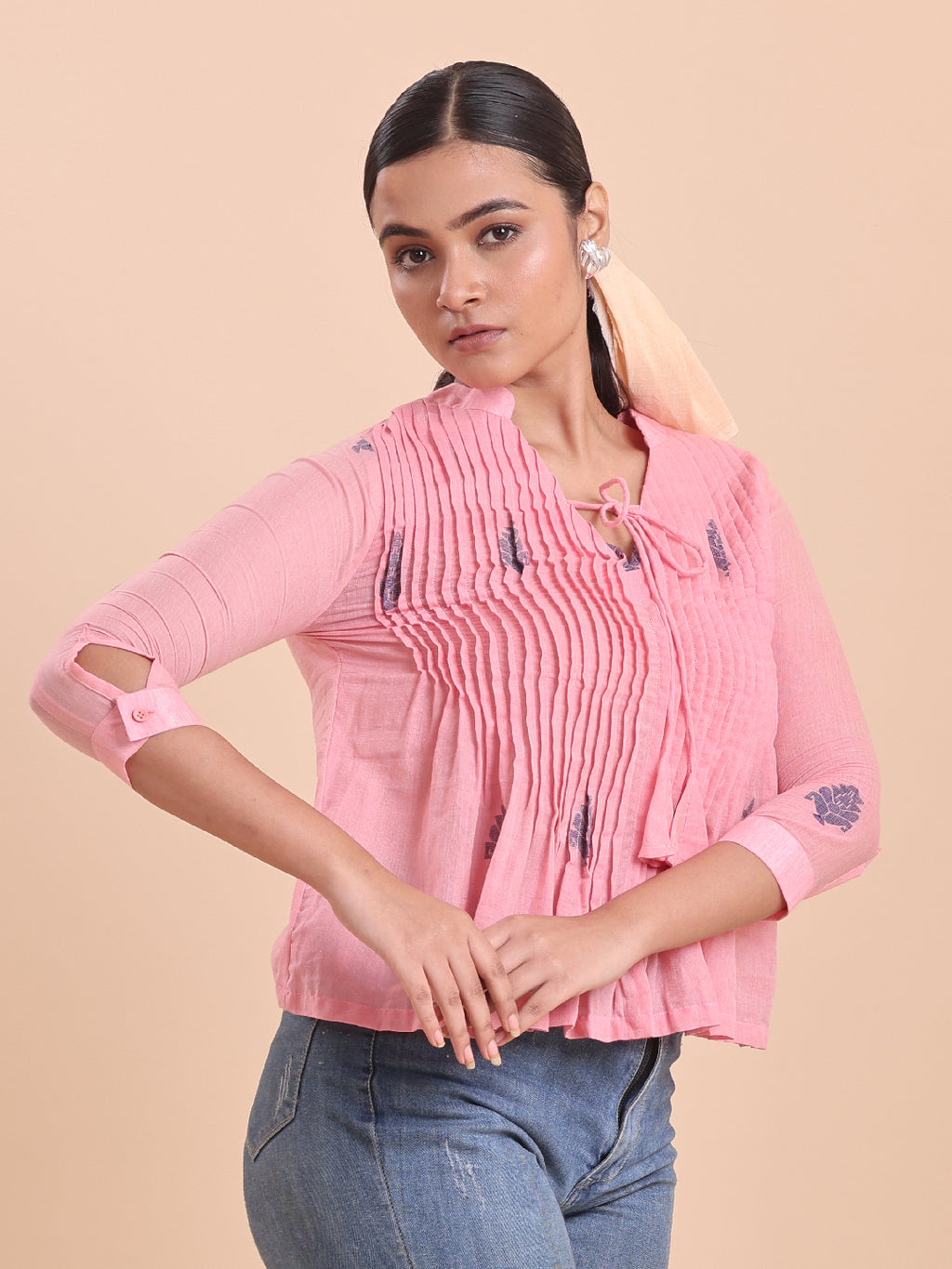 BLOUSON WOMEN COTTON JAMDANI FIT & FLARE TOP -MUSK MIST