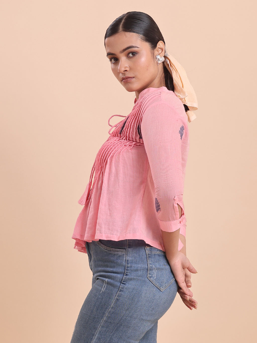 BLOUSON WOMEN COTTON JAMDANI FIT & FLARE TOP -MUSK MIST