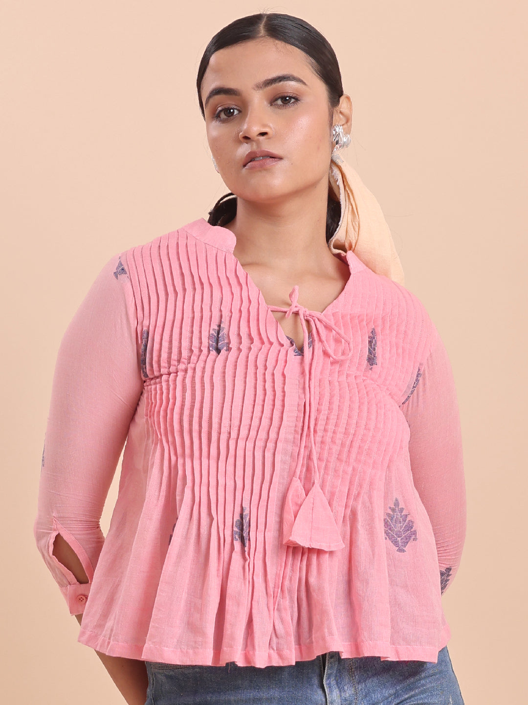 BLOUSON WOMEN COTTON JAMDANI FIT & FLARE TOP -MUSK MIST