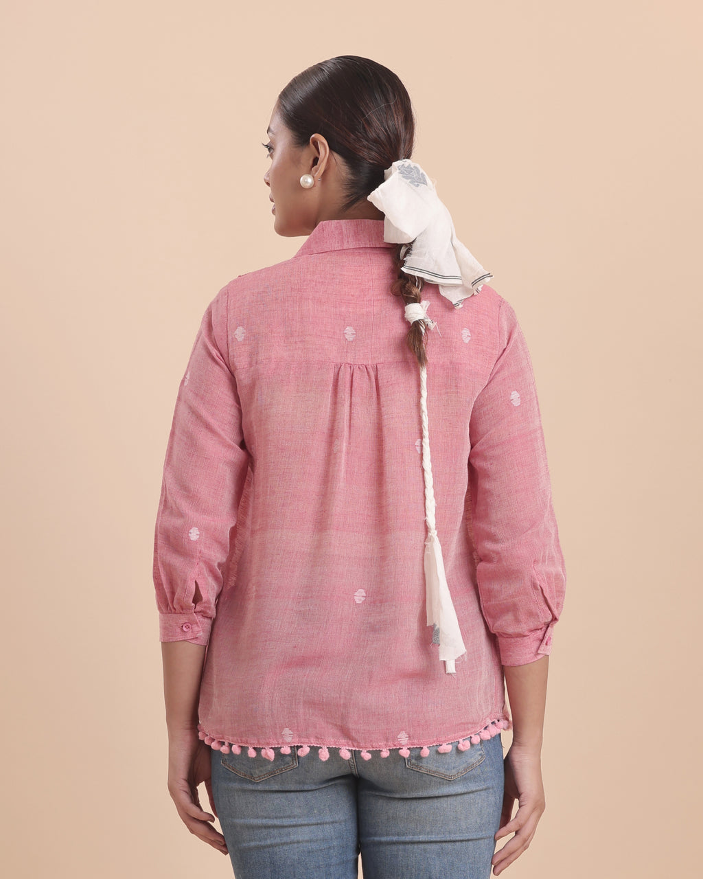 WOMEN COTTON JAMDANI SHIRRED SHIRT -STRAWBERRY