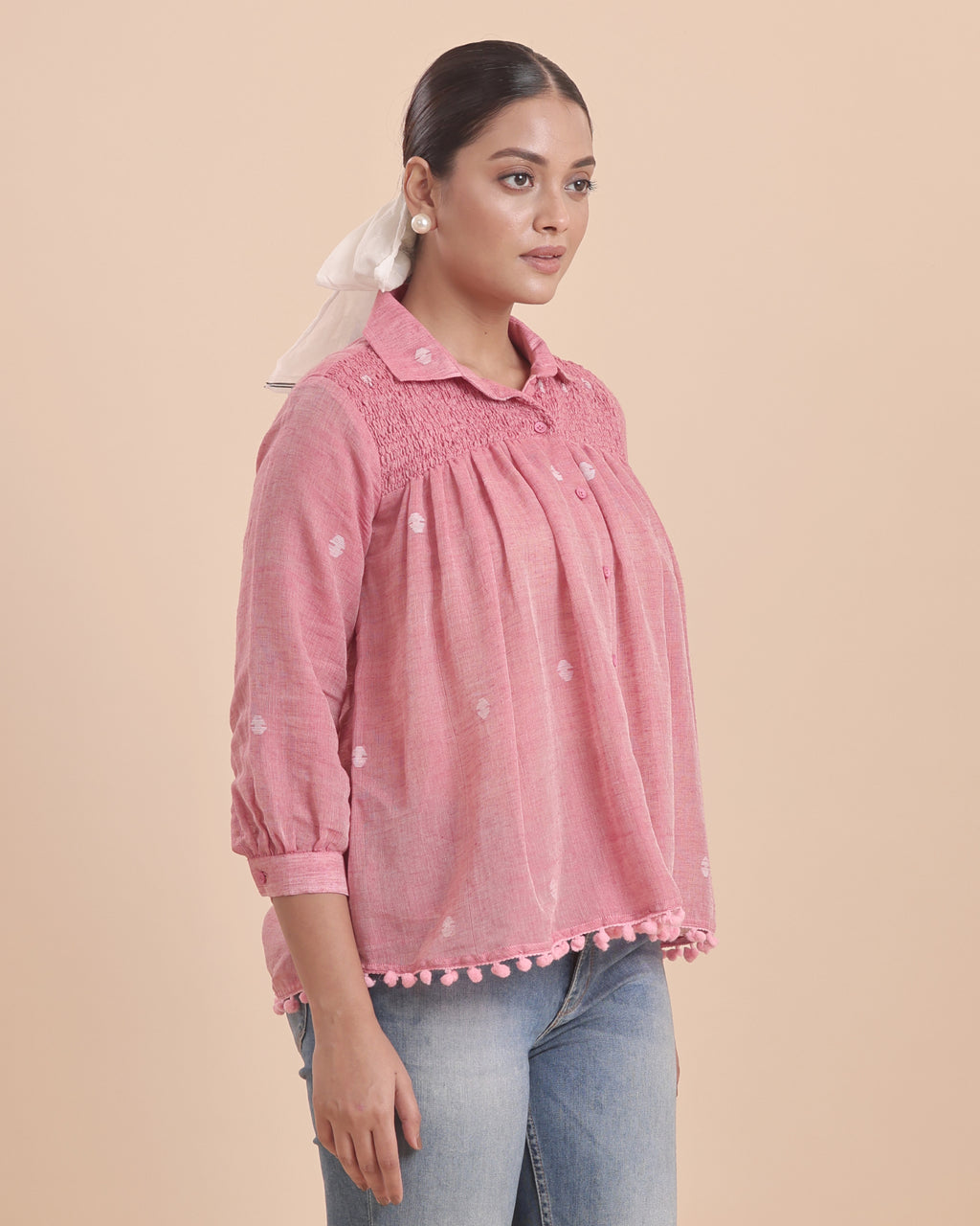 WOMEN COTTON JAMDANI SHIRRED SHIRT -STRAWBERRY