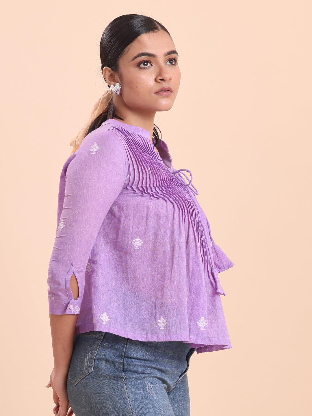 Blouson Women Cotton Jamdani Fit & Flare Top African Violet