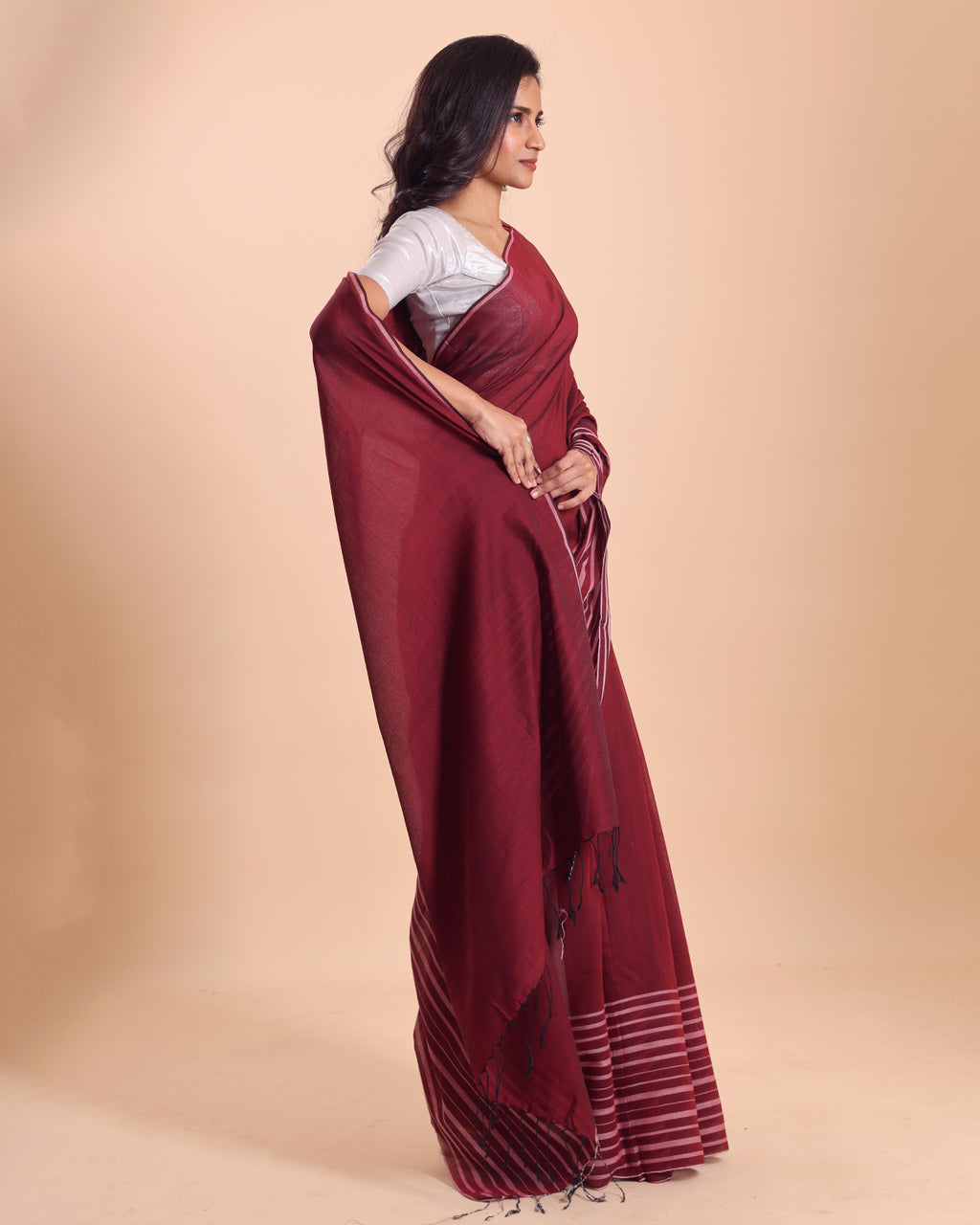 Handloom Cotton Barcode Saree - Maroon