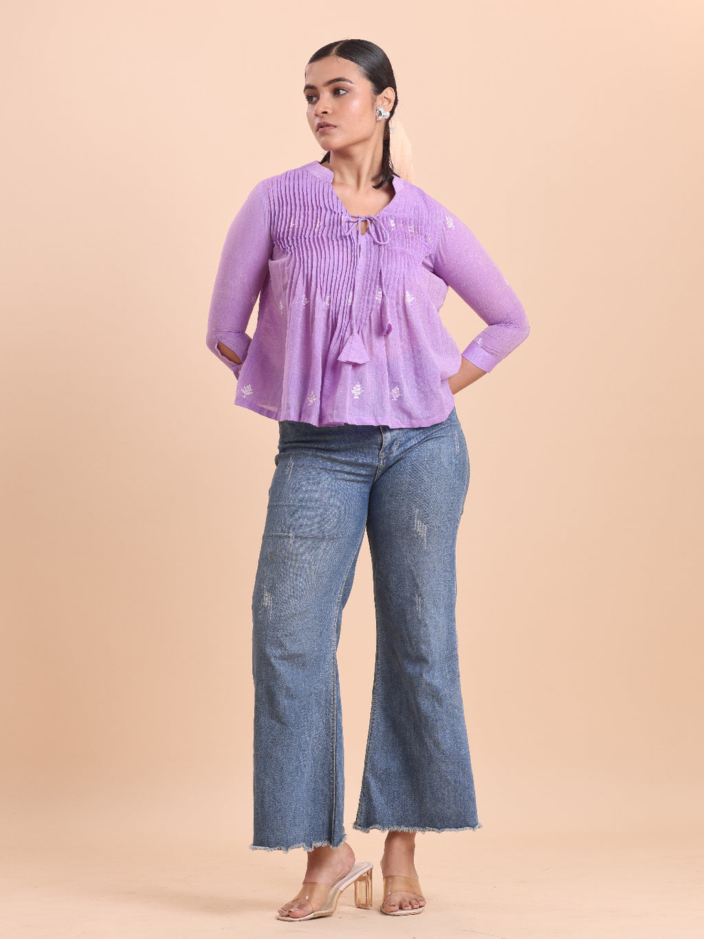 Blouson Women Cotton Jamdani Fit & Flare Top African Violet