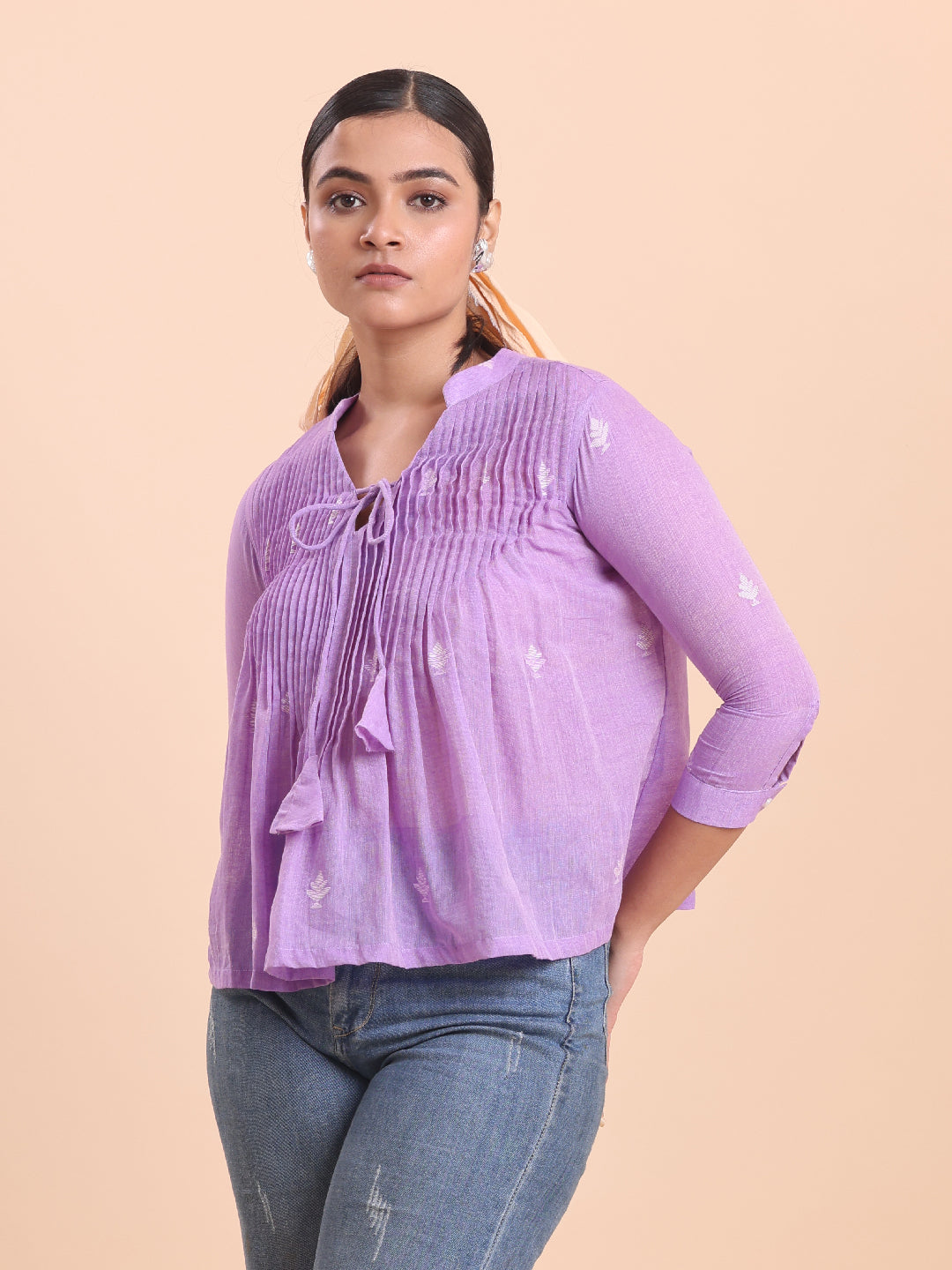 Blouson Women Cotton Jamdani Fit & Flare Top African Violet