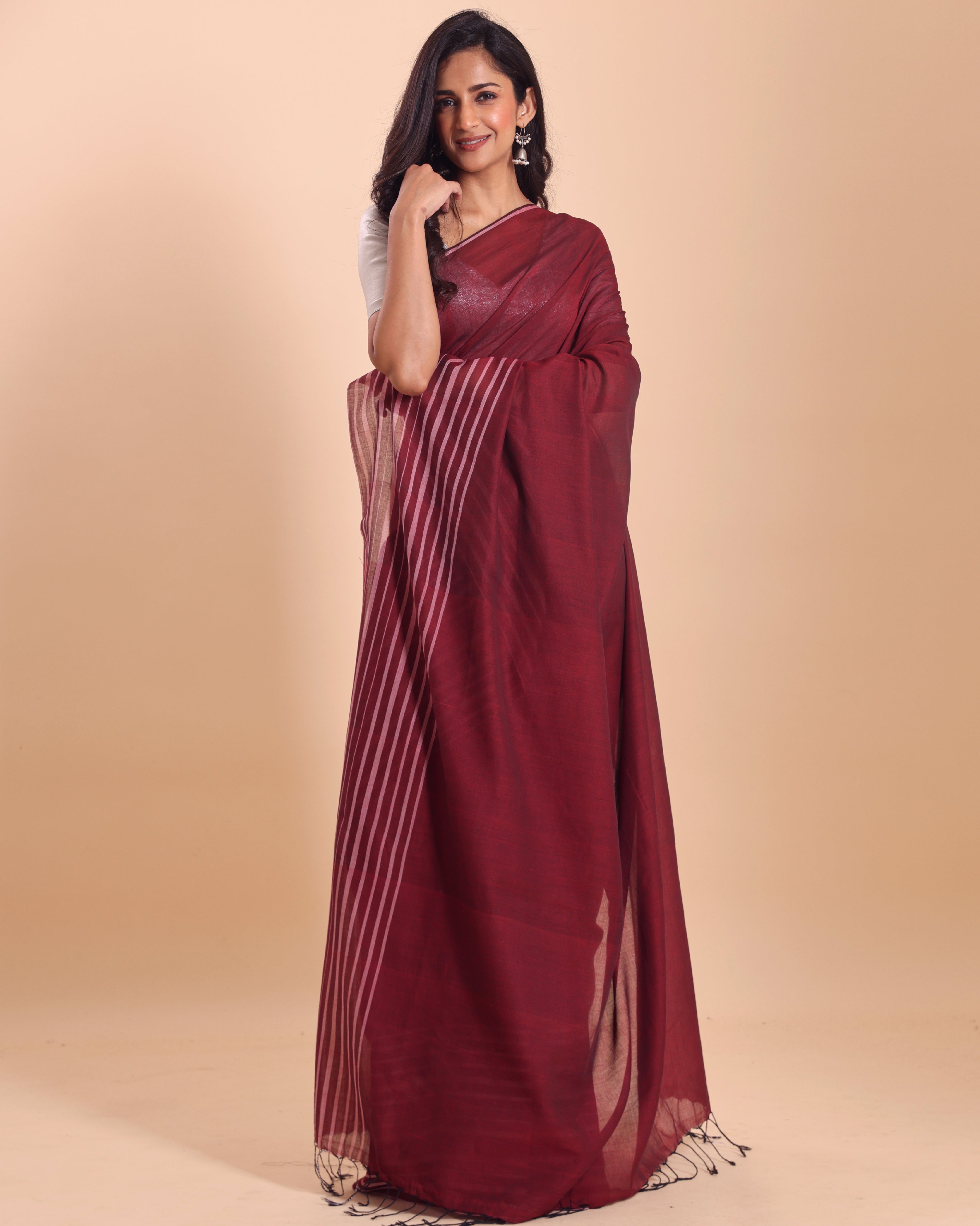 Handloom Cotton Barcode Saree - Maroon