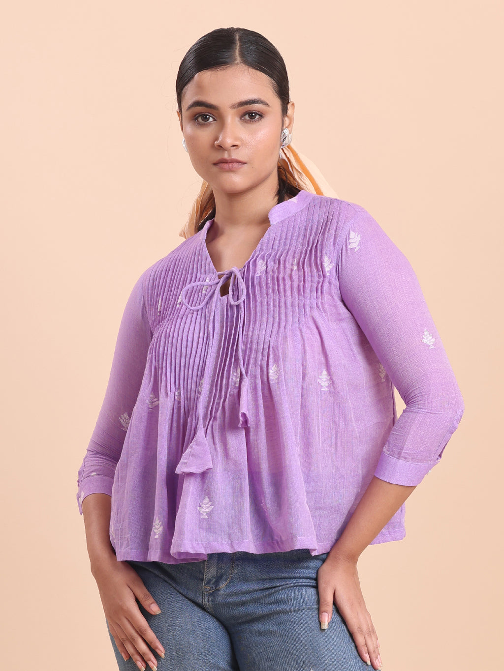 Blouson Women Cotton Jamdani Fit & Flare Top African Violet