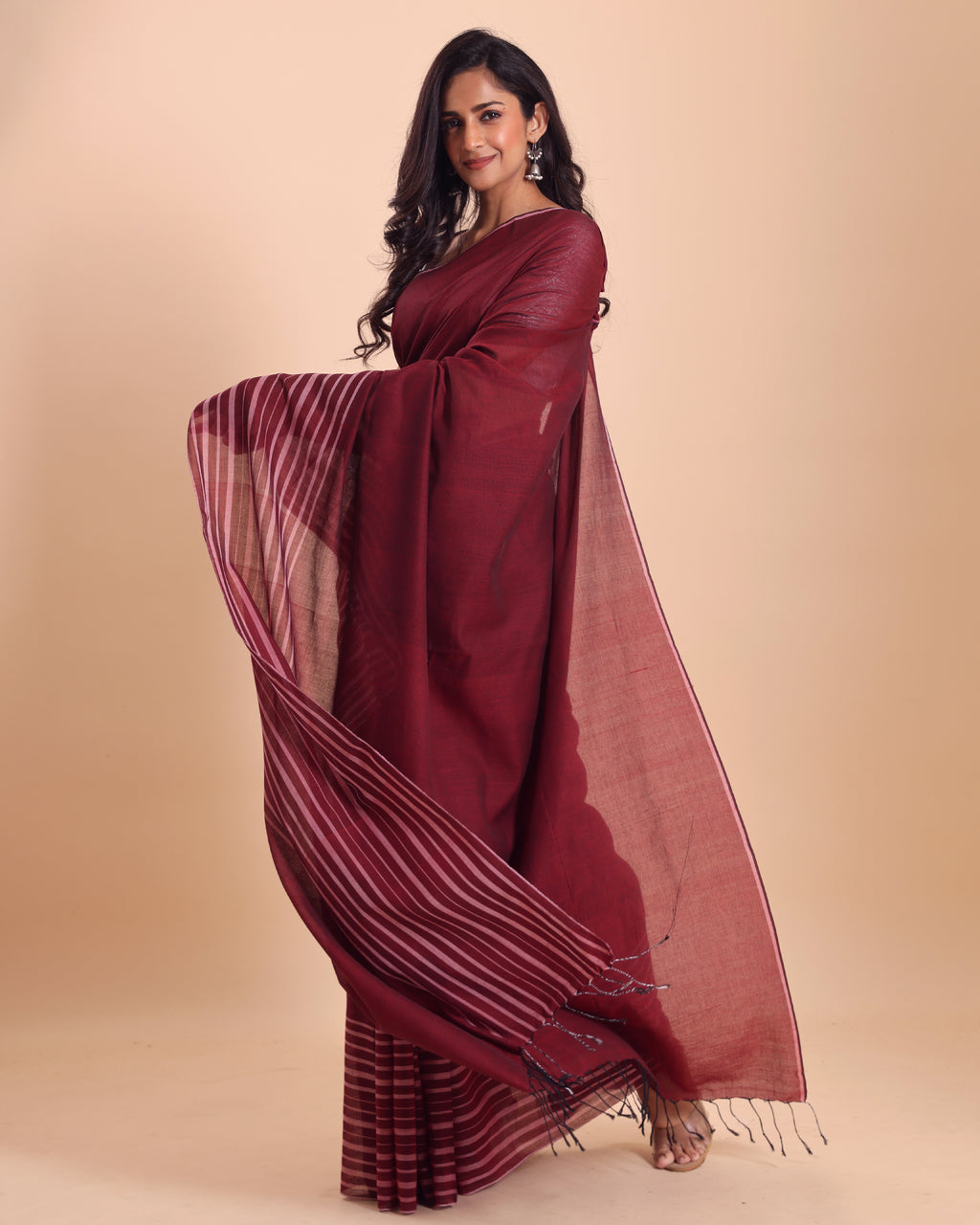 Handloom Cotton Barcode Saree - Maroon