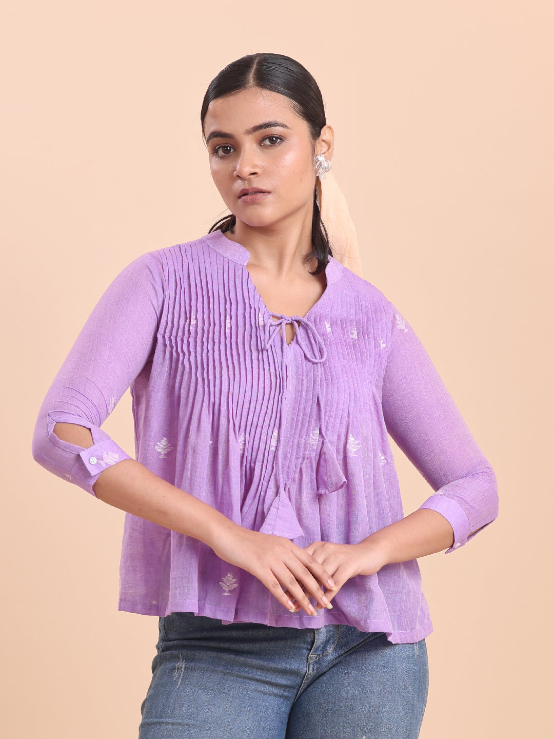 Blouson Women Cotton Jamdani Fit & Flare Top African Violet