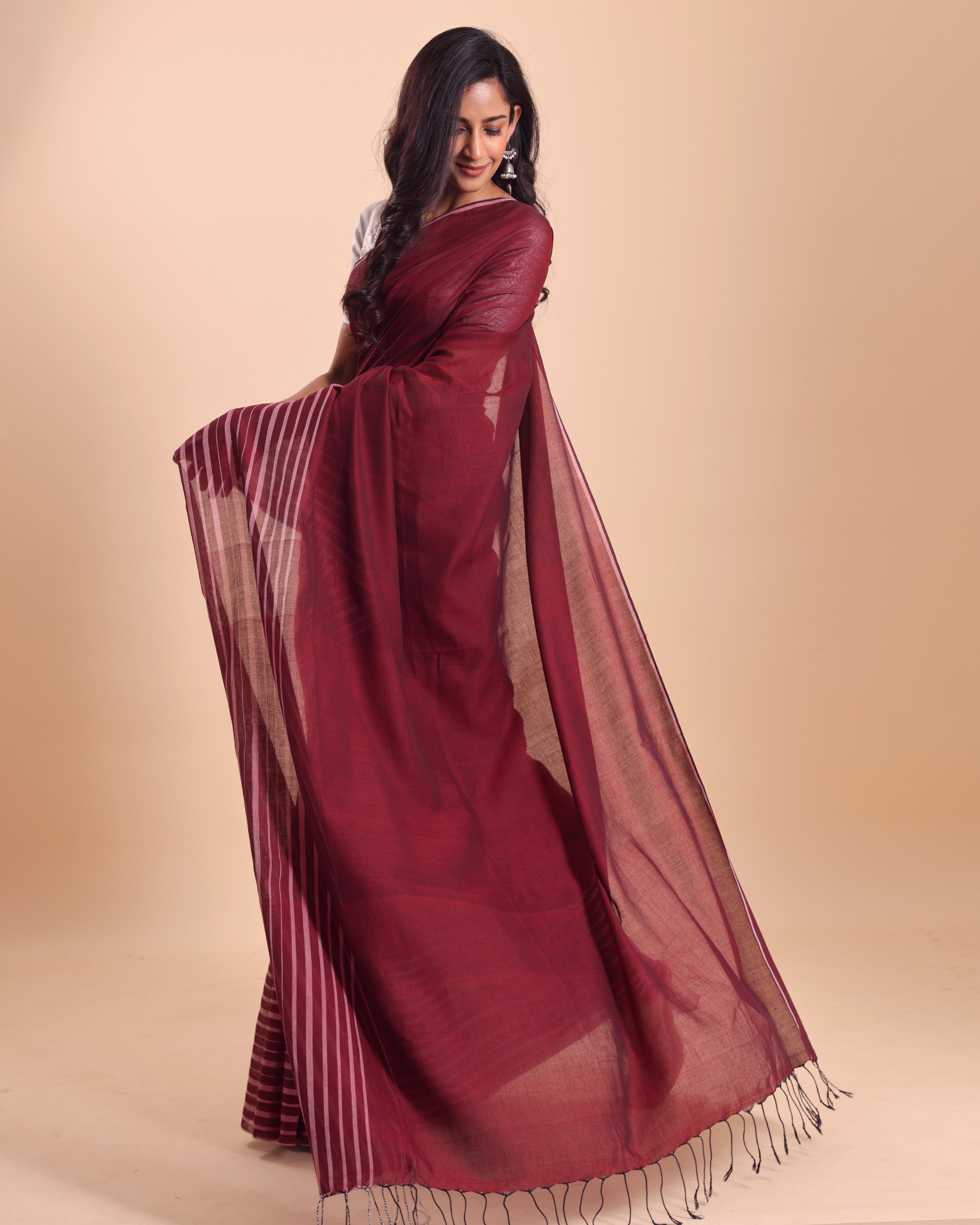 Handloom Cotton Barcode Saree - Maroon