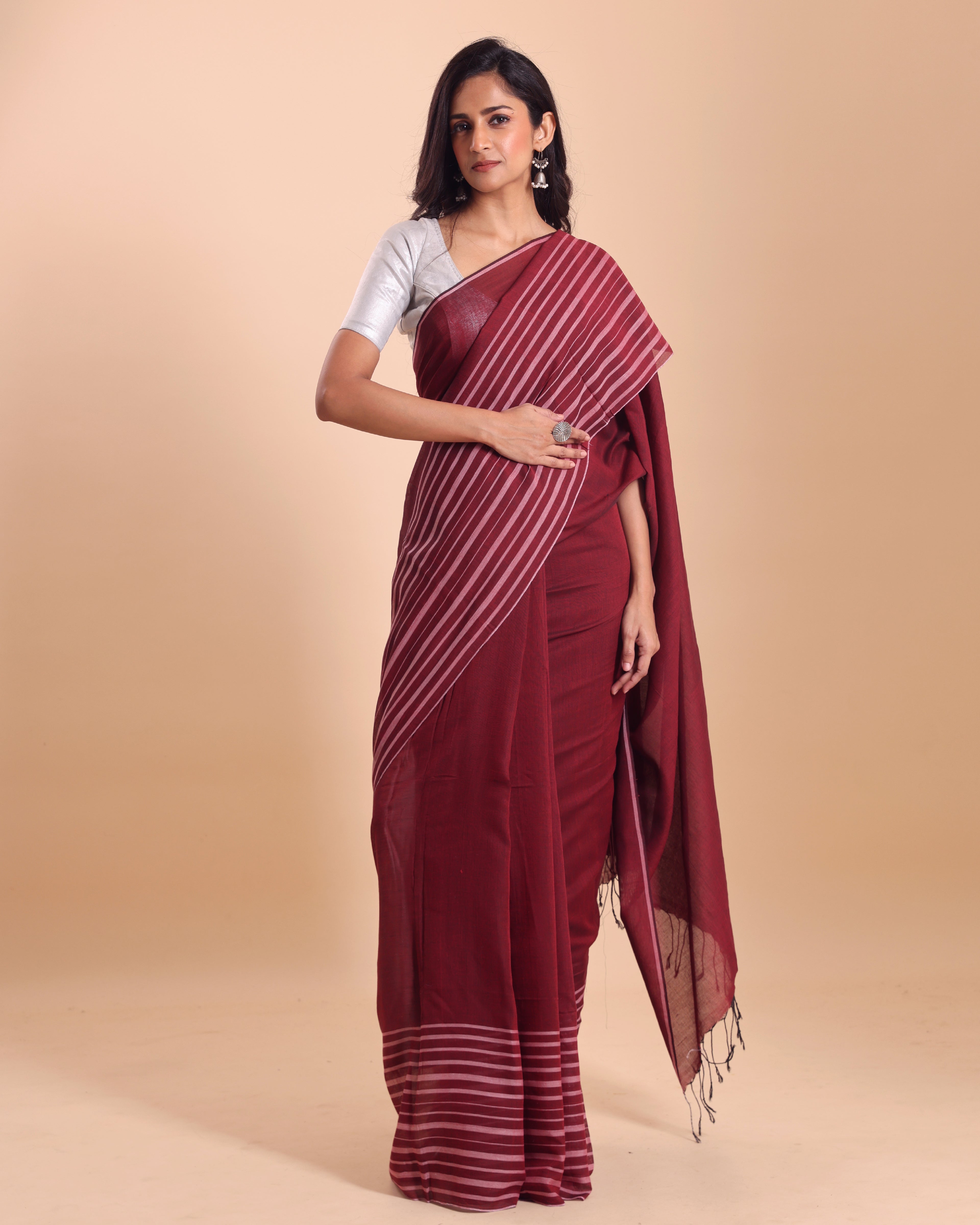 Handloom Cotton Barcode Saree - Maroon