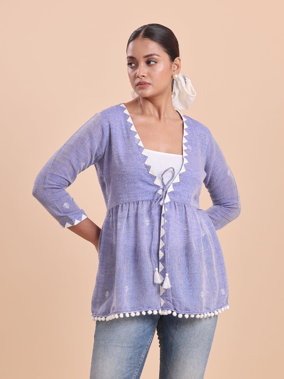 BLOUSON WOMEN COTTON JAMDANI Pom-Pom Peplum SHRUG- Stormy Bae