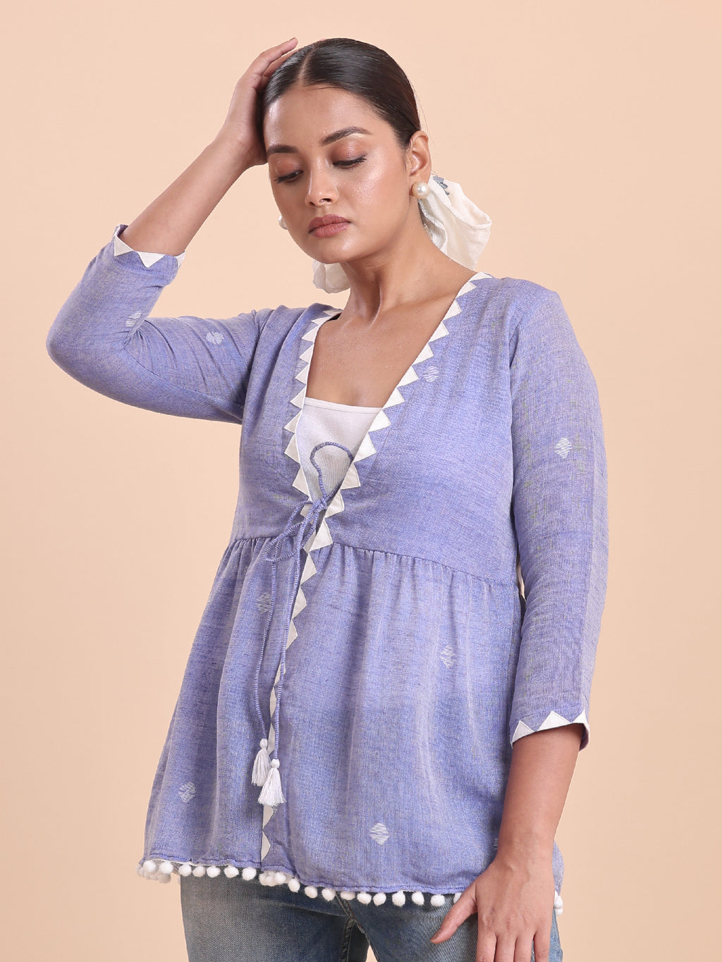 BLOUSON WOMEN COTTON JAMDANI Pom-Pom Peplum SHRUG- Stormy Bae