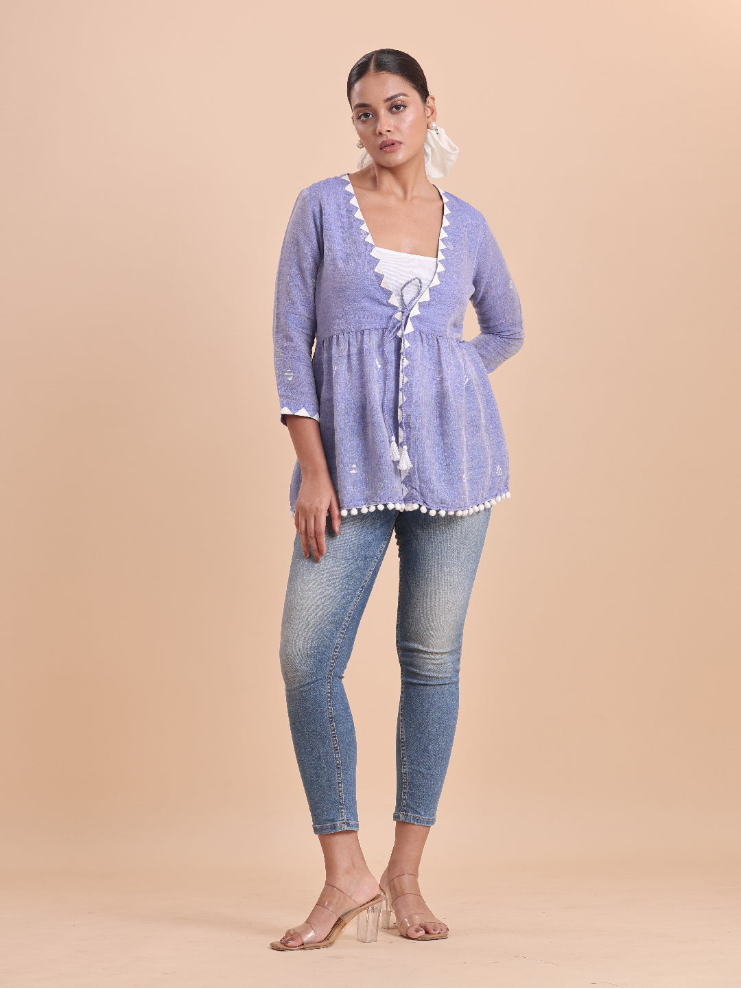 BLOUSON WOMEN COTTON JAMDANI Pom-Pom Peplum SHRUG- Stormy Bae