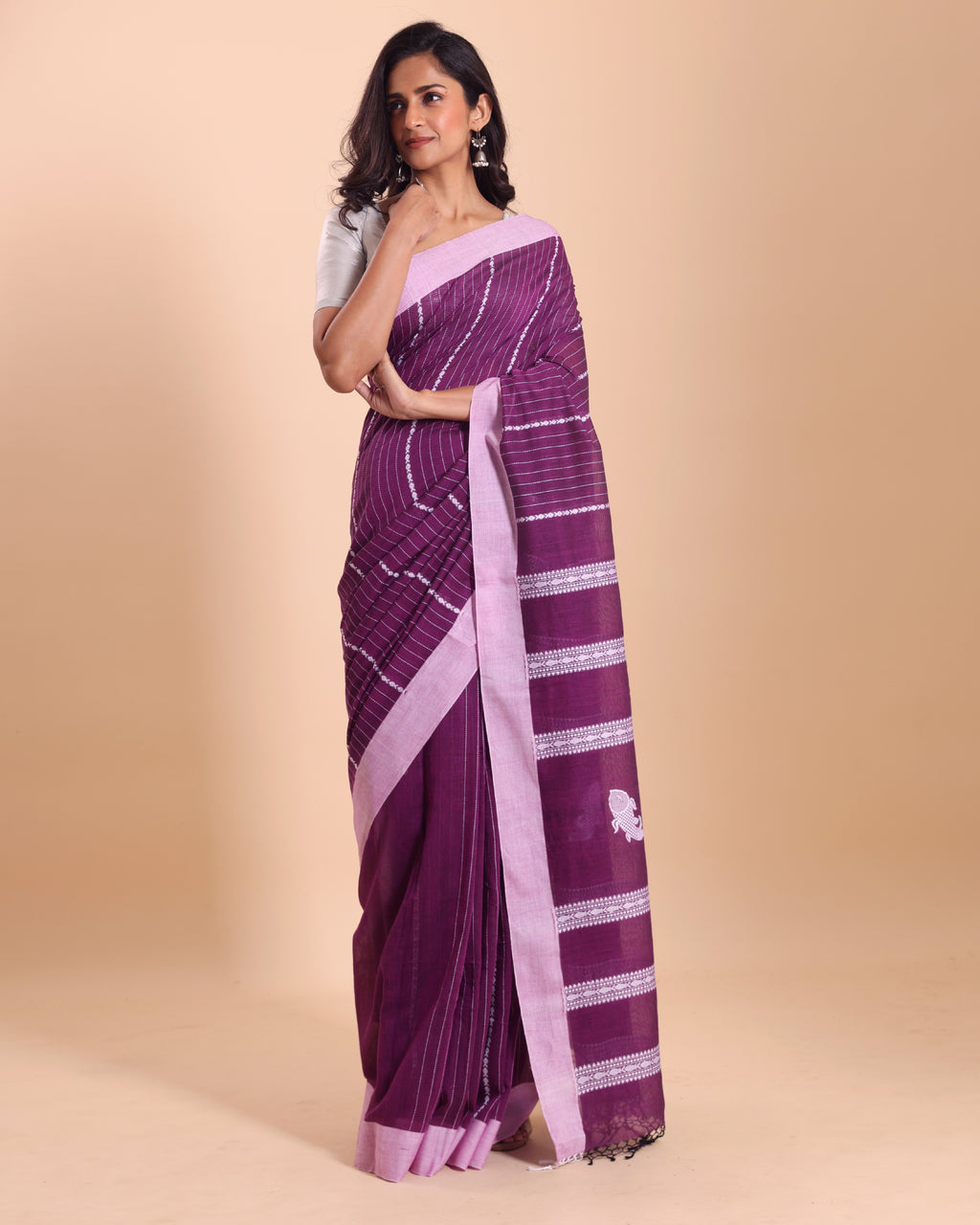 Handloom Fish Chain Jamdani Saree - Purple Orcid