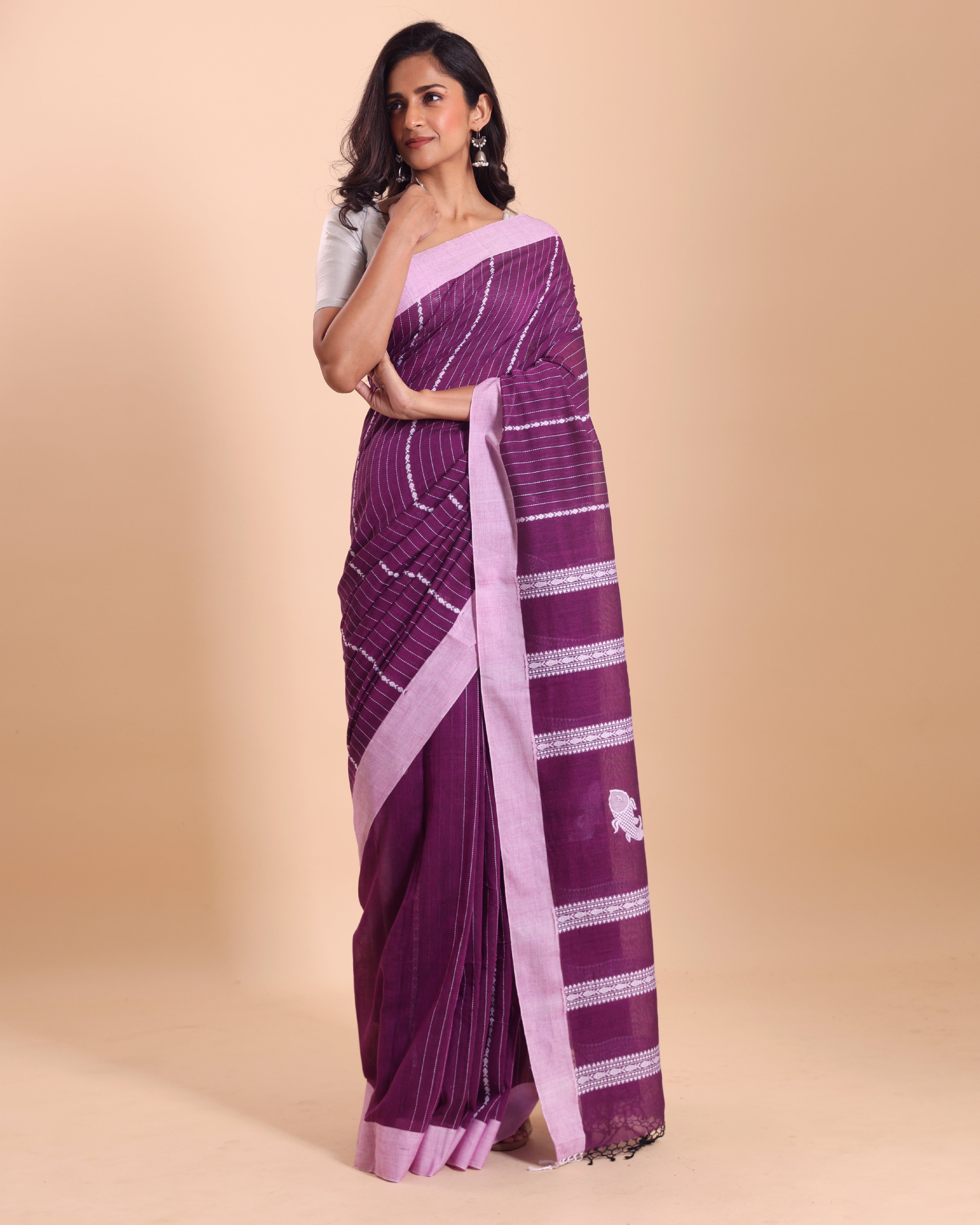 Handloom Fish Chain Jamdani Saree - Purple Orcid