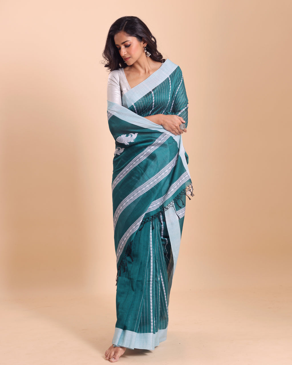 Handloom Fish Chain Jamdani Saree - Turquoise
