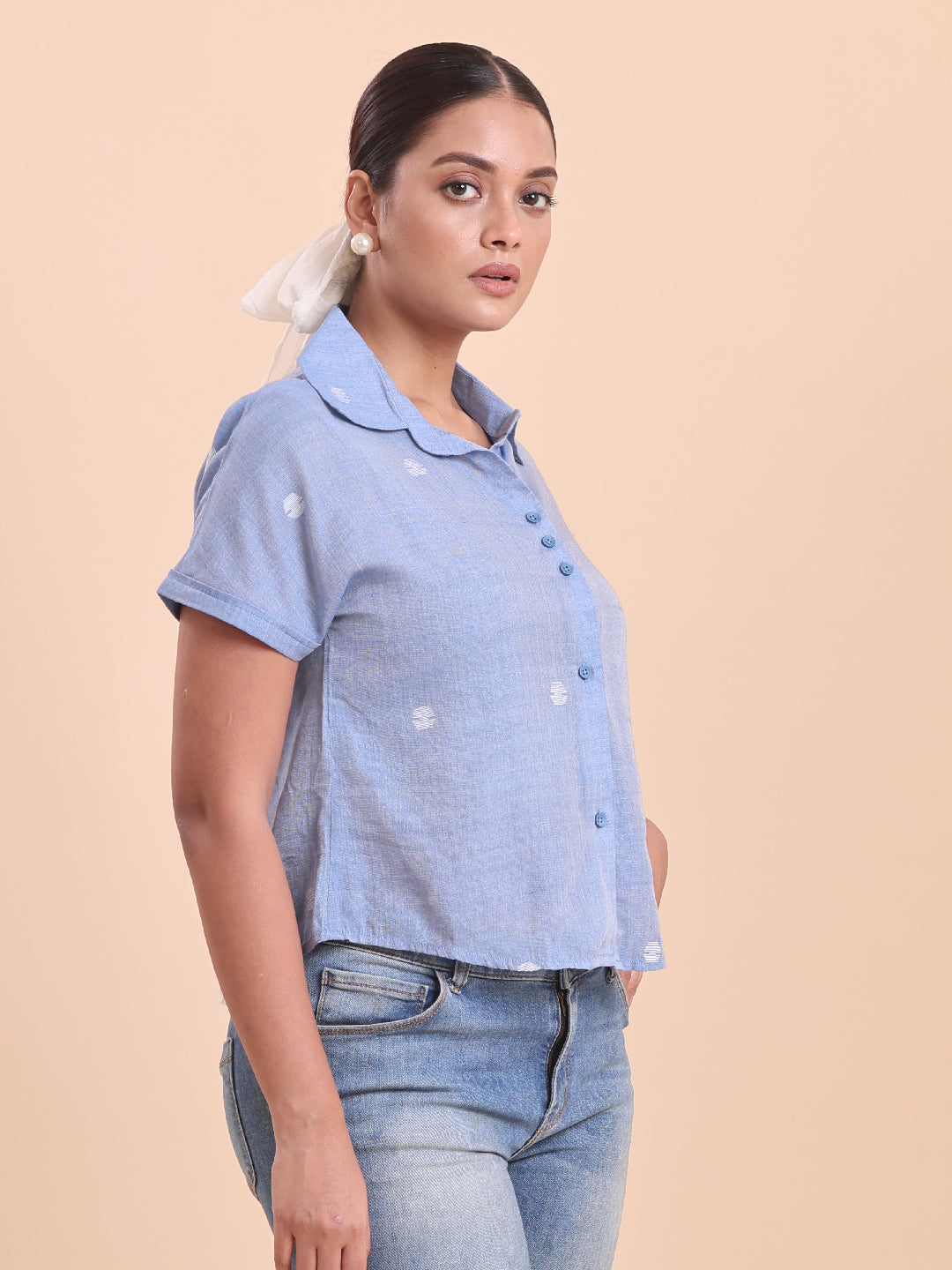 BLOUSON WOMEN COTTON JAMDANI SHIRT- FROSTY LAKE