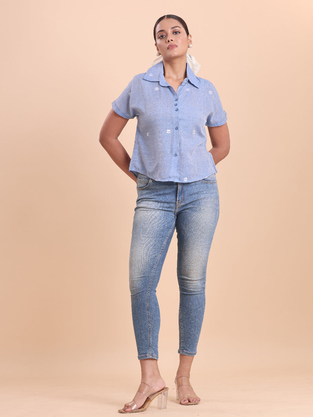 BLOUSON WOMEN COTTON JAMDANI SHIRT- FROSTY LAKE