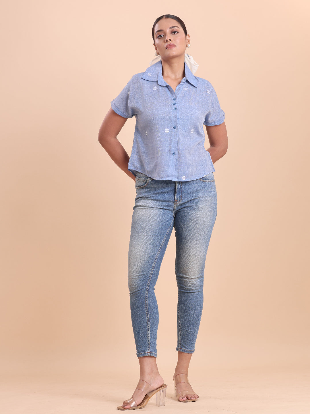 BLOUSON WOMEN COTTON JAMDANI SHIRT- FROSTY LAKE