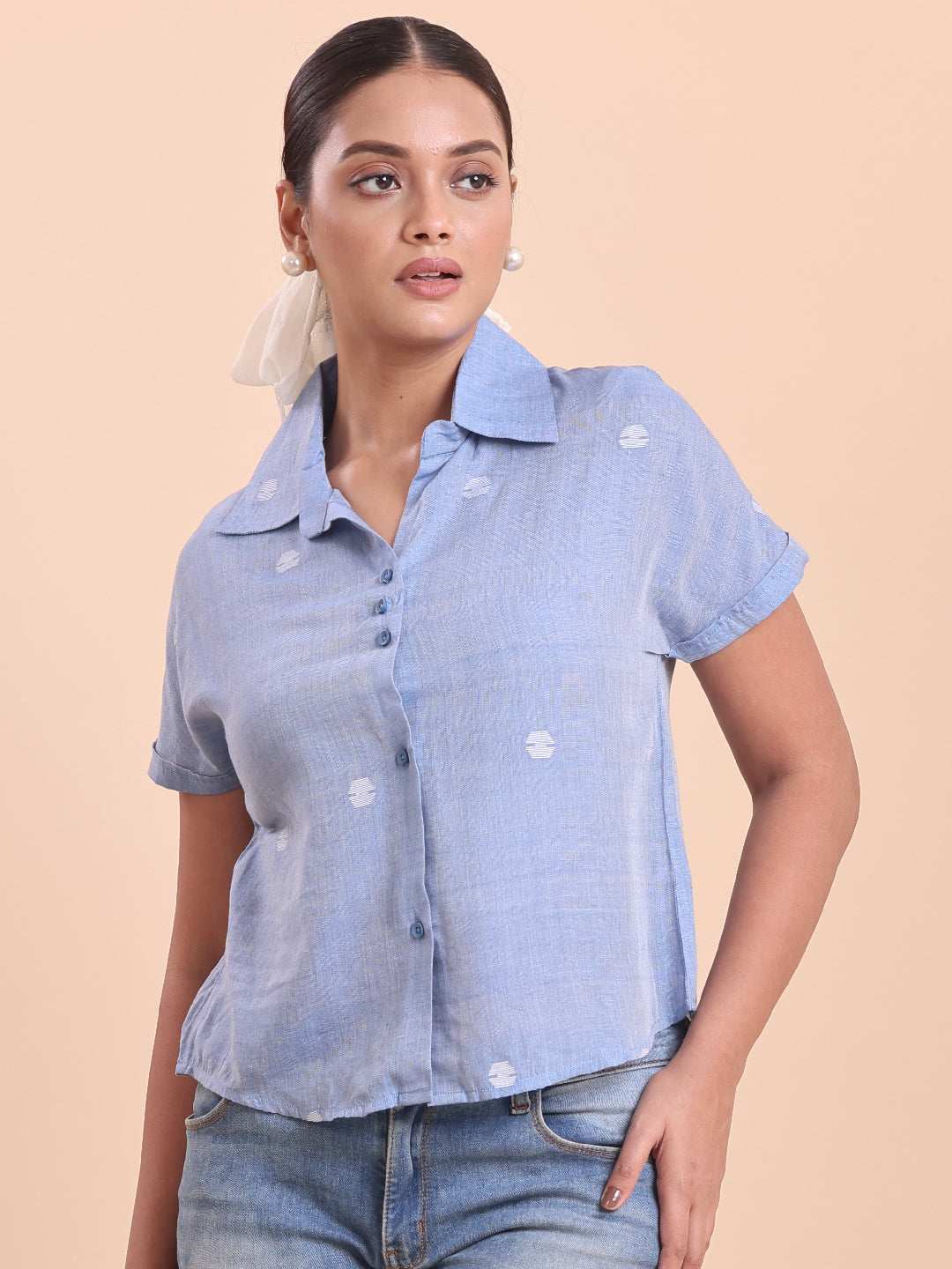 BLOUSON WOMEN COTTON JAMDANI SHIRT- FROSTY LAKE