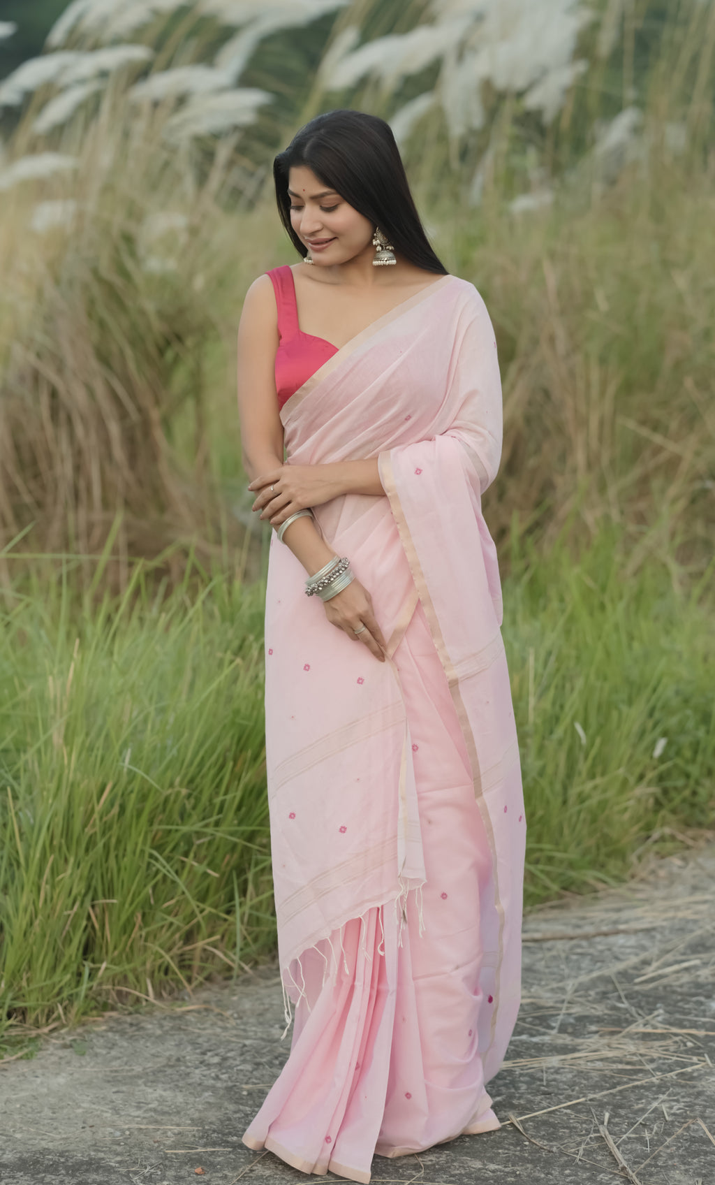 Handloom Mina Buti Jamdani Saree - Crystal Rose
